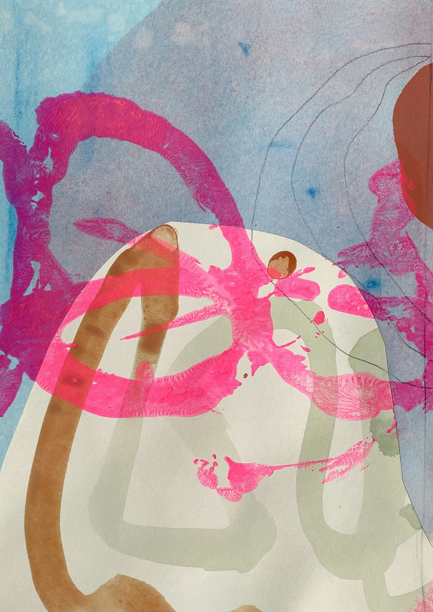 Linda Cordner, Whirling 3, acrylic, graphite, collage on paper, 10 x 7.5 inches, 15 x 12 inches framed, 2026. $500. framed