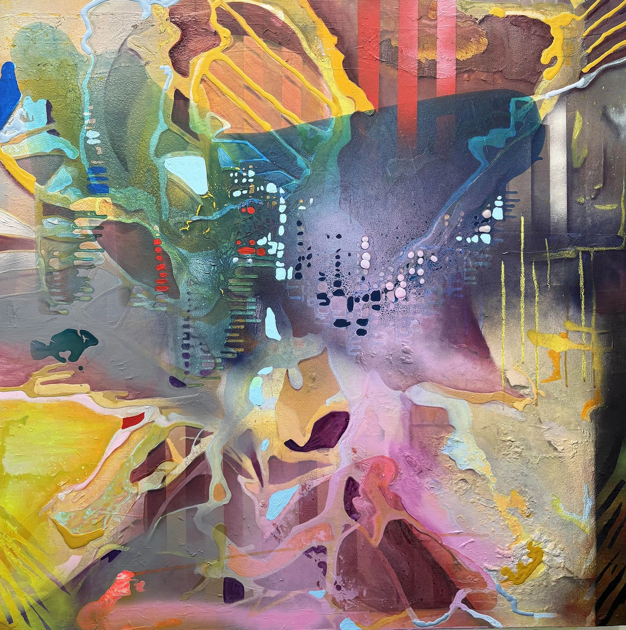 The Space Between the Stars #2, acrylic, marker, crayon, flashe, and spray paint on canvas, 48 x 48 x 1.5 in