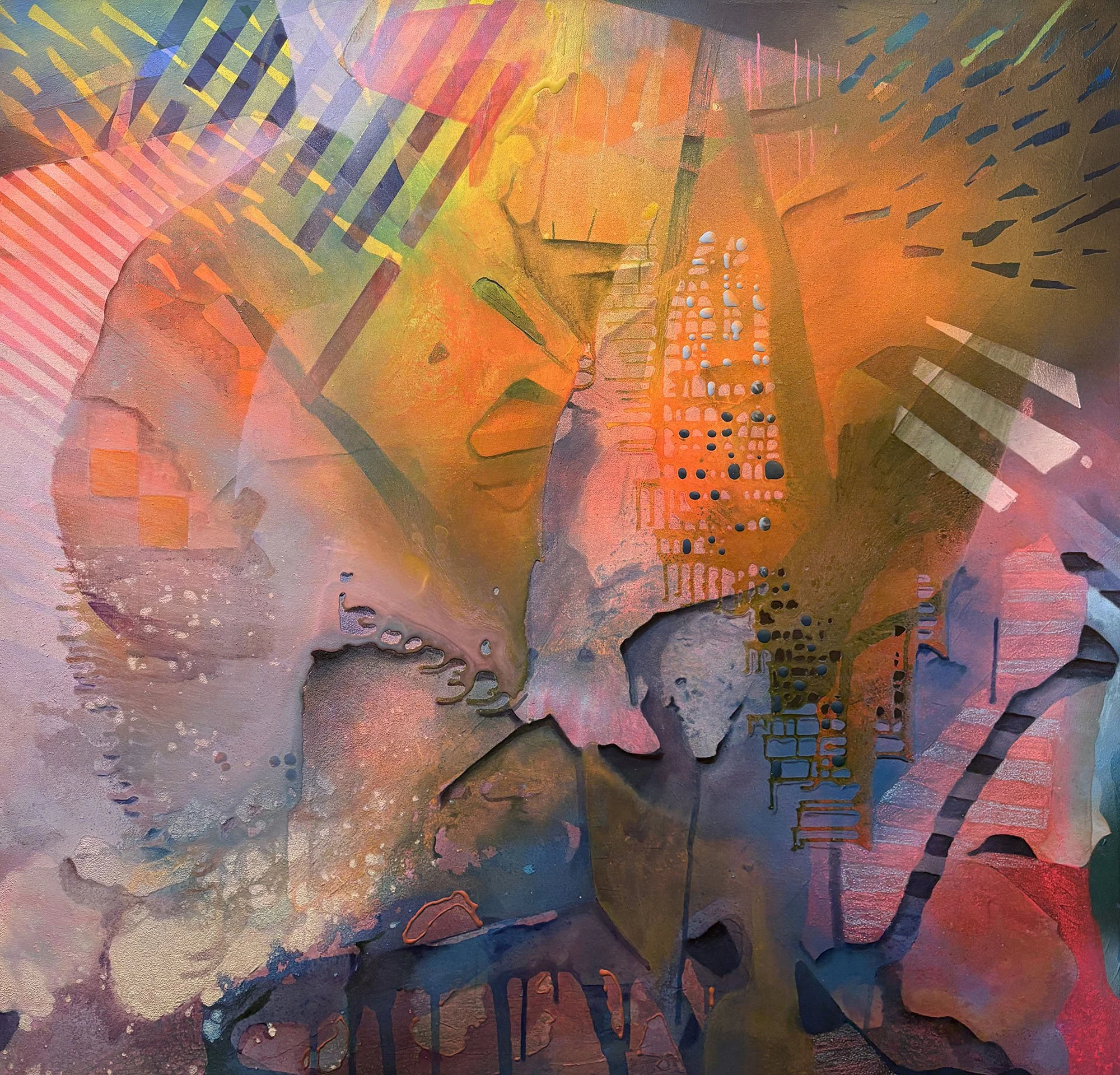 The Space Between the Stars #14, acrylic, crayon, flashe, and sparay paint on canvas, 50 x 52 in, 2026