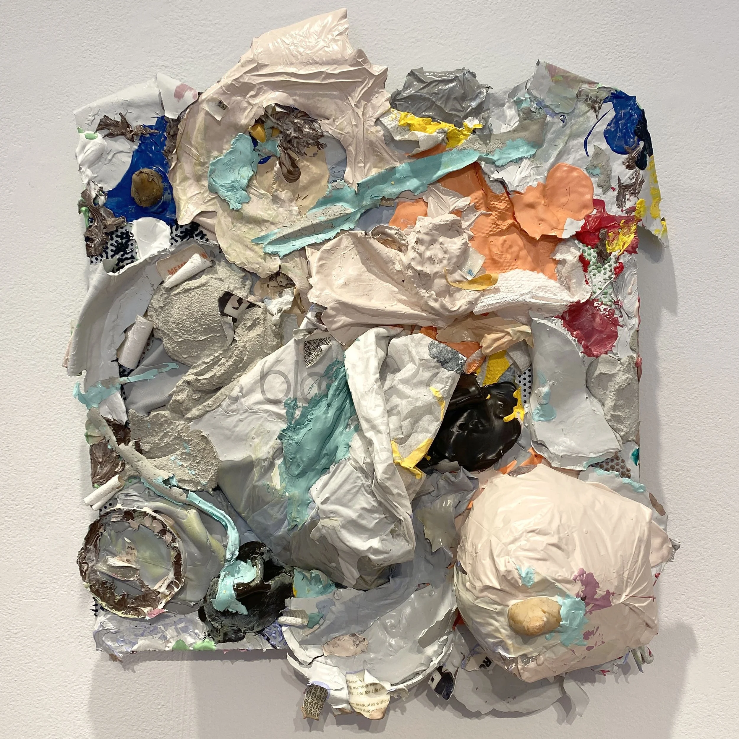 Bloom, acrylic, paper, on repurposed perforated aluminum fencing strips, 18×18 inches, 2026