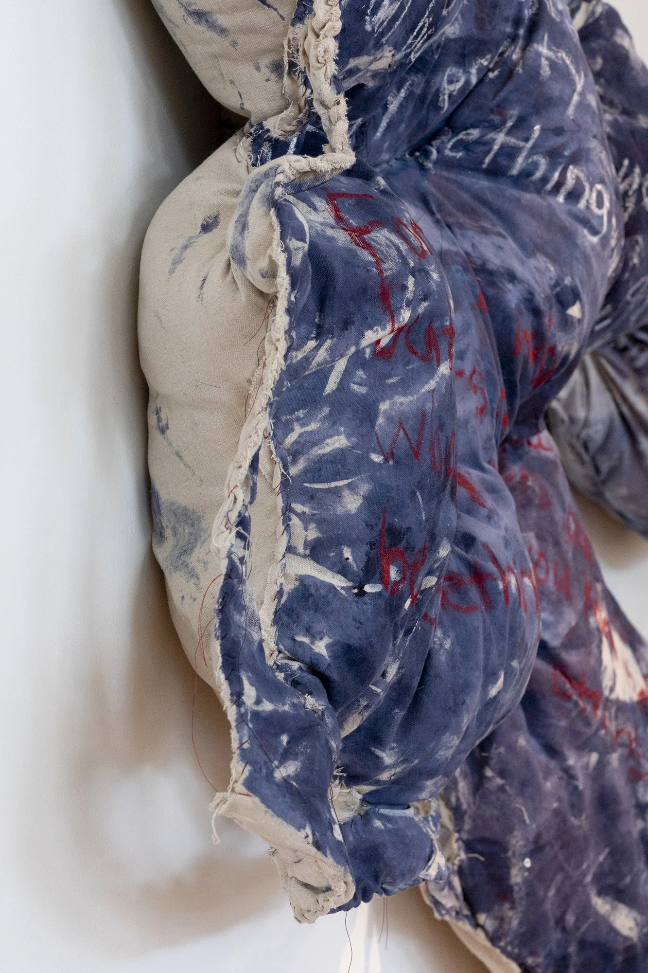 Noelle Ventura, For You (detail), acrylic paint, oil paint, canvas, thread, screws, fluff, 20 x 1.5 x 7 feet, 2026