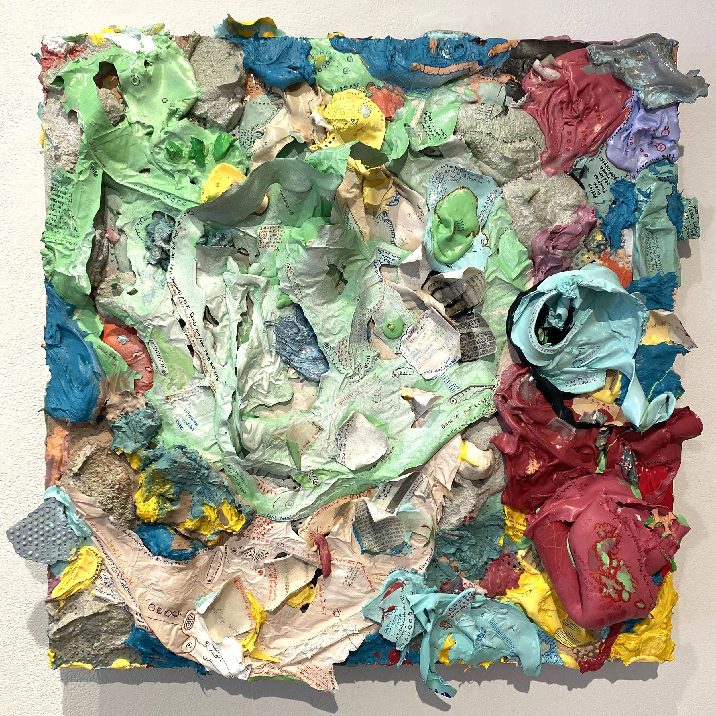 Tongue, acrylic, paper, on repurposed perforated aluminum fencing strips, 18×18 inches, 2026