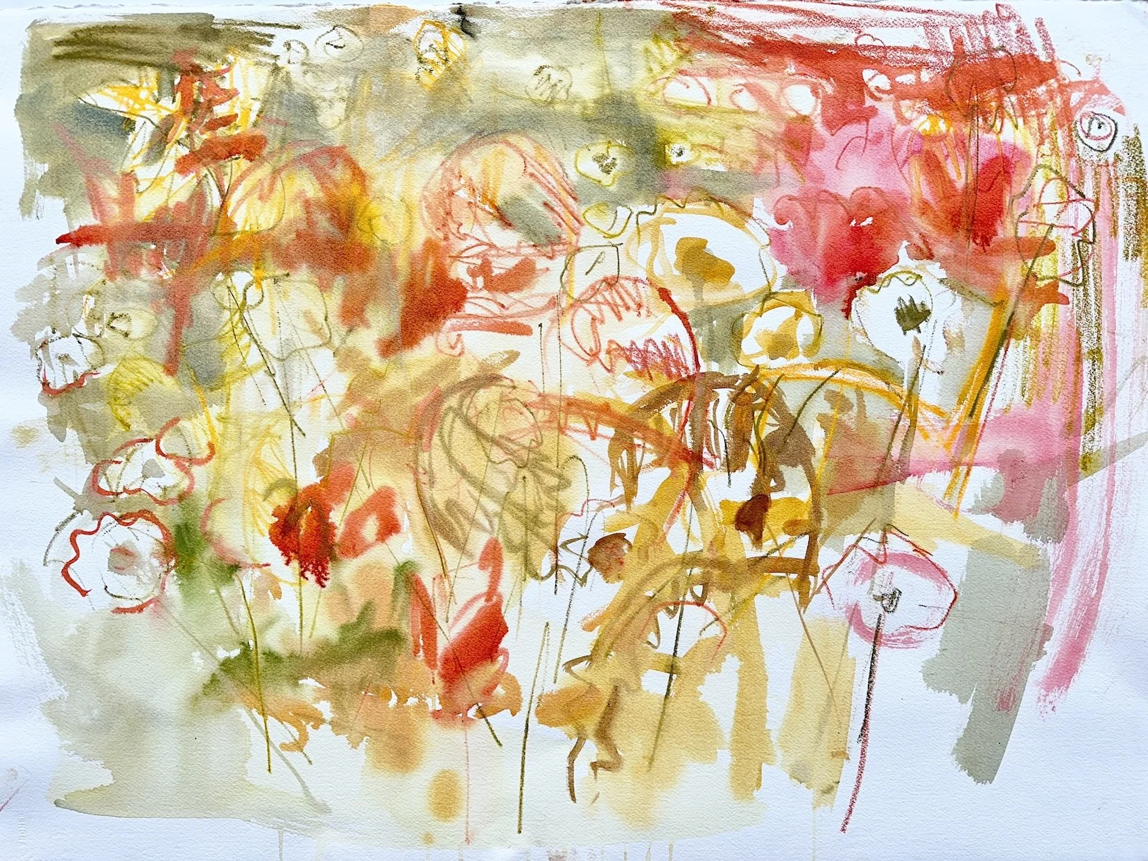 October Bog (Swans), 22x30 inches, mixed media on paper, 2023