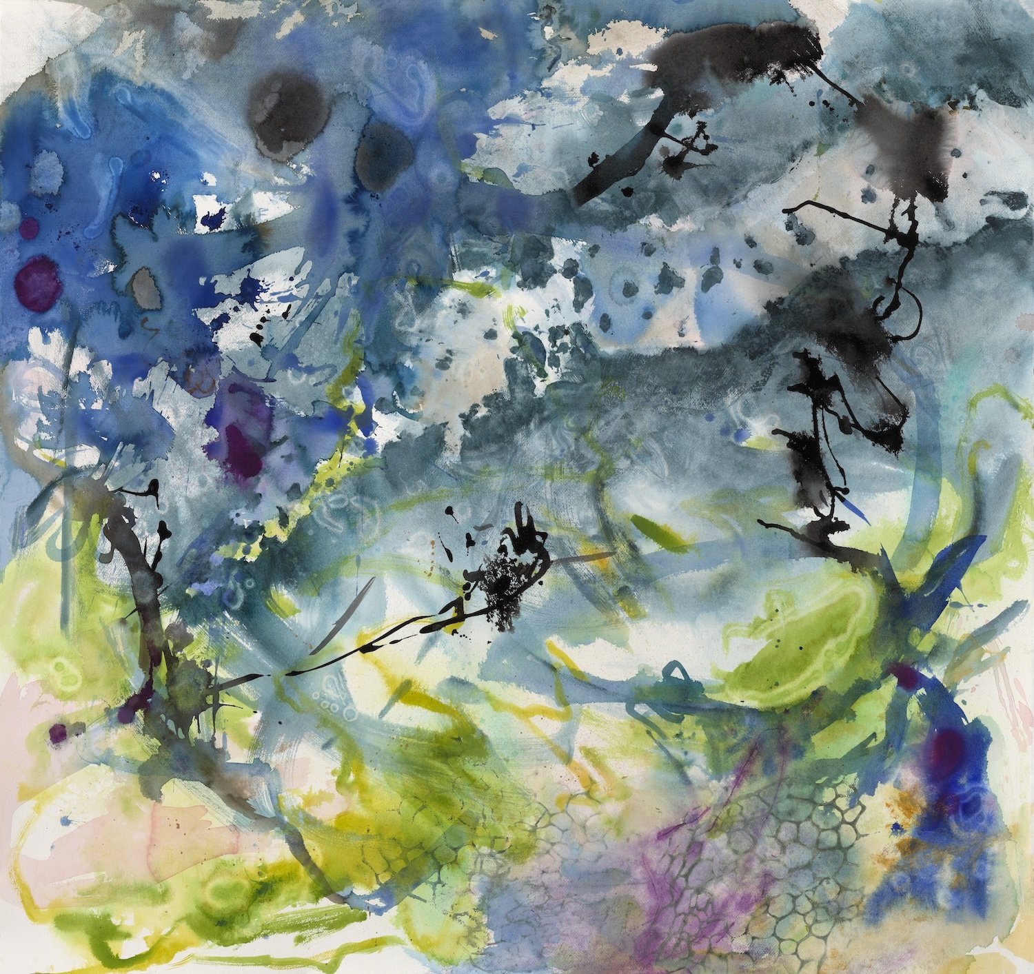 Floating in the Deep, 45x45 inches, ink and acrylic on paper, 2021