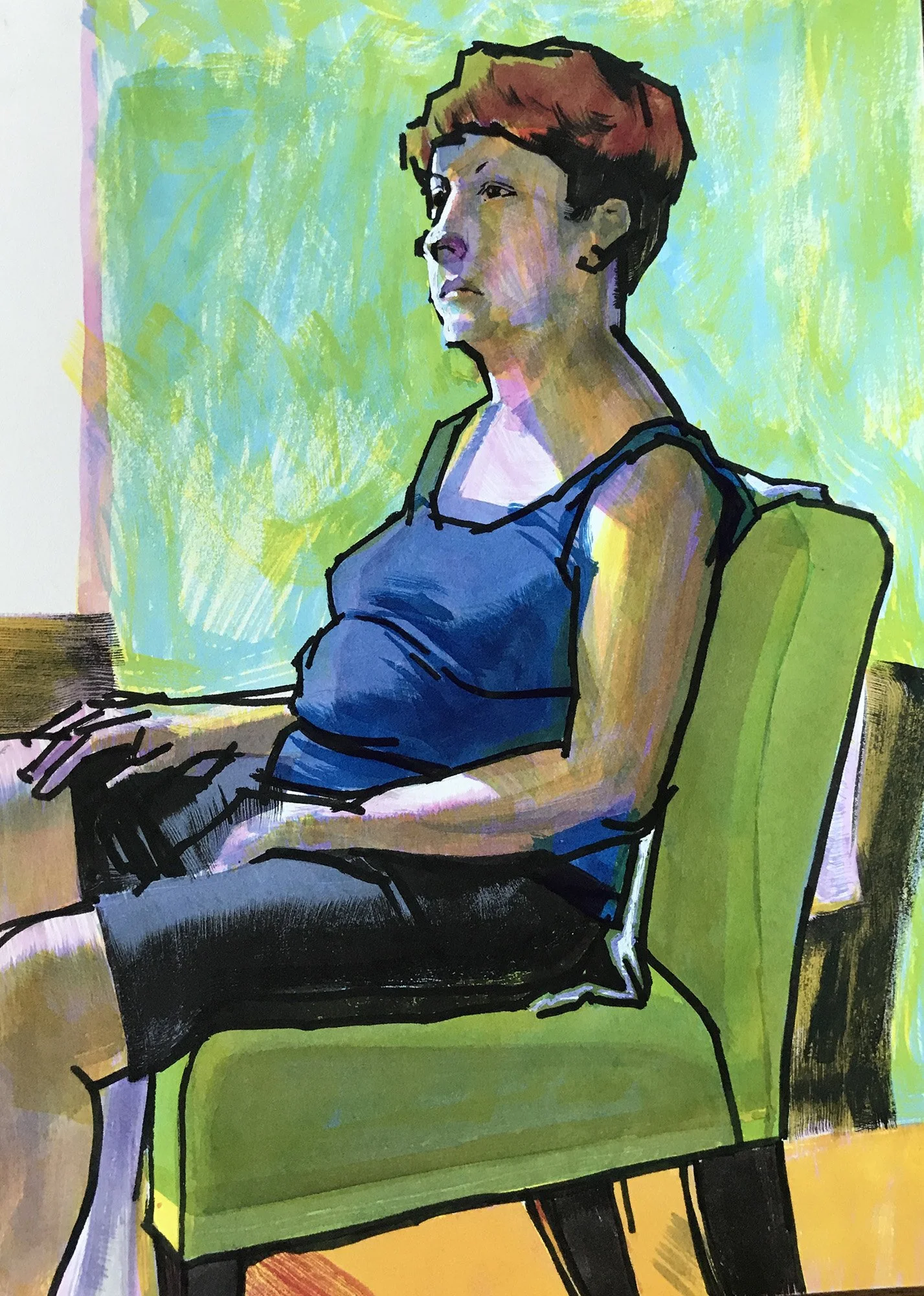 Woman in Blue Tank, inks on paper, 9 x 12 inches, 2017