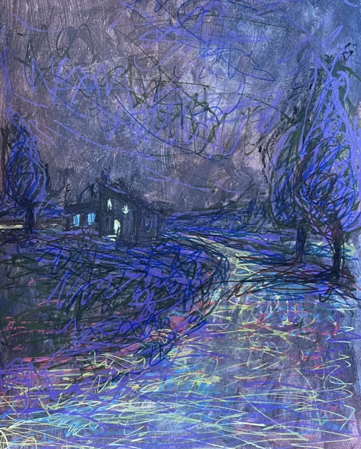 Night Walk Home, acrylic, paint pens, collage materials and cold wax, 10 x 8 inches, 2024