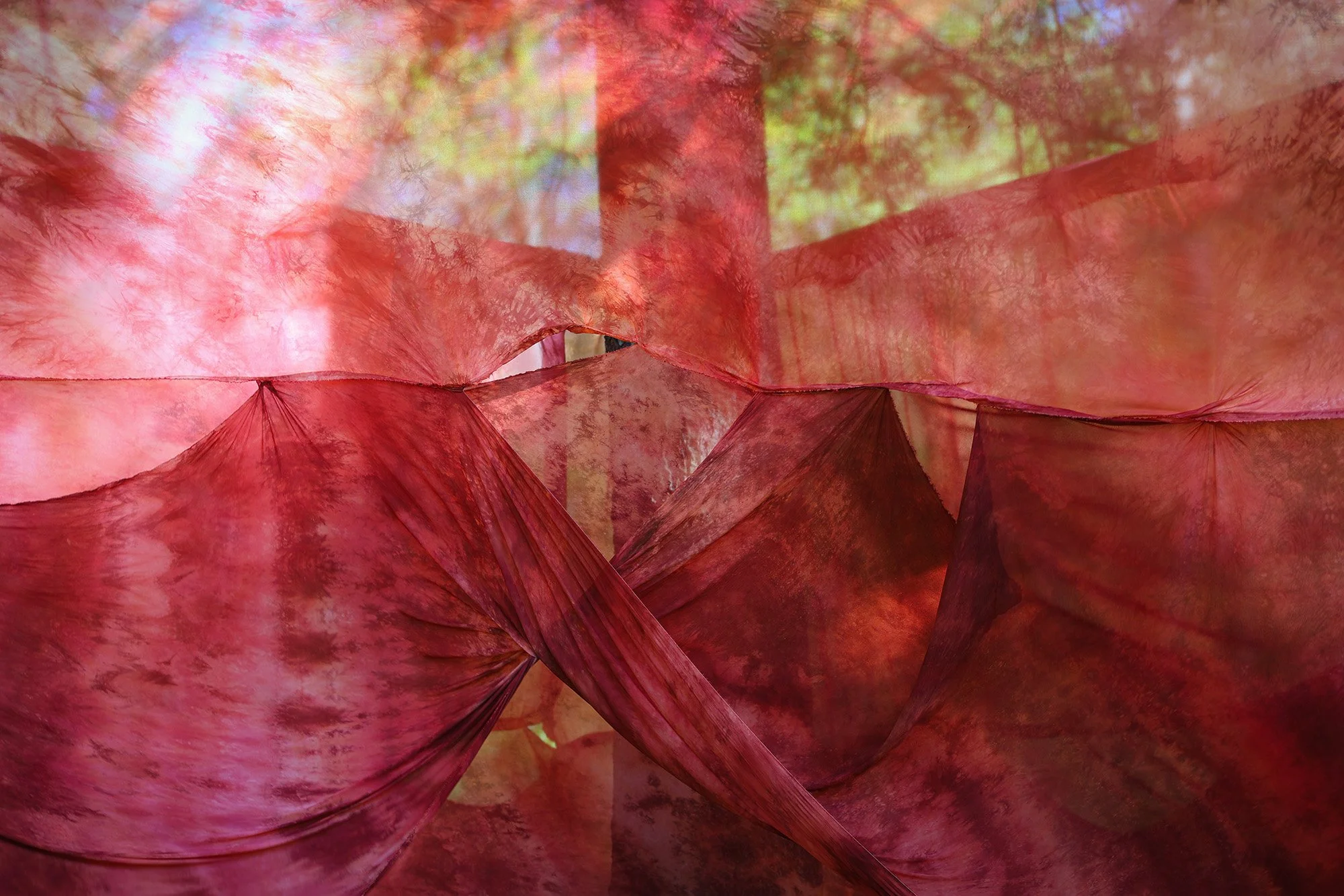 Swell Ingress, chiffon and silk fabric (hand dyed), ratchet straps, thread, 40ft perimeter and 10ft tall, 2025