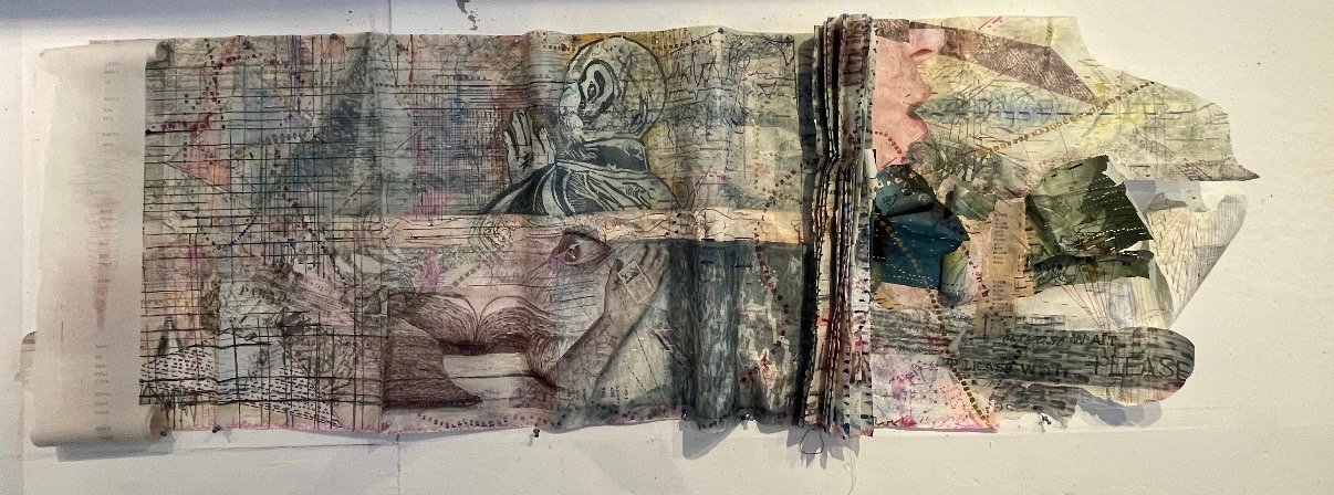 Randy Garber, Marking Time, intaglio, relief, collage, drawing on player piano scrolls, 25" x 69", 2025