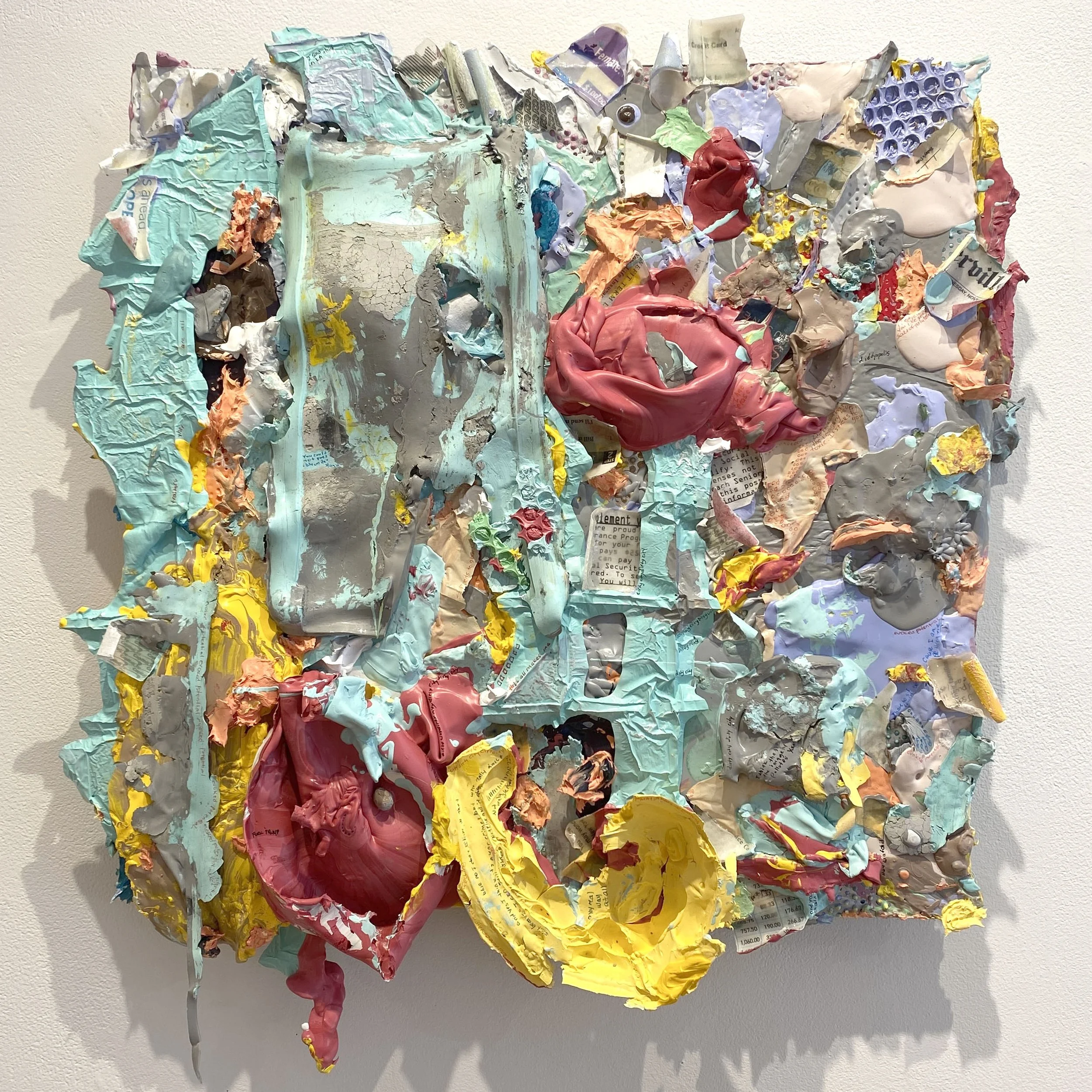 Urban Decay, acrylic, paper, on repurposed perforated aluminum fencing strips, 22×18 inches, 2026
