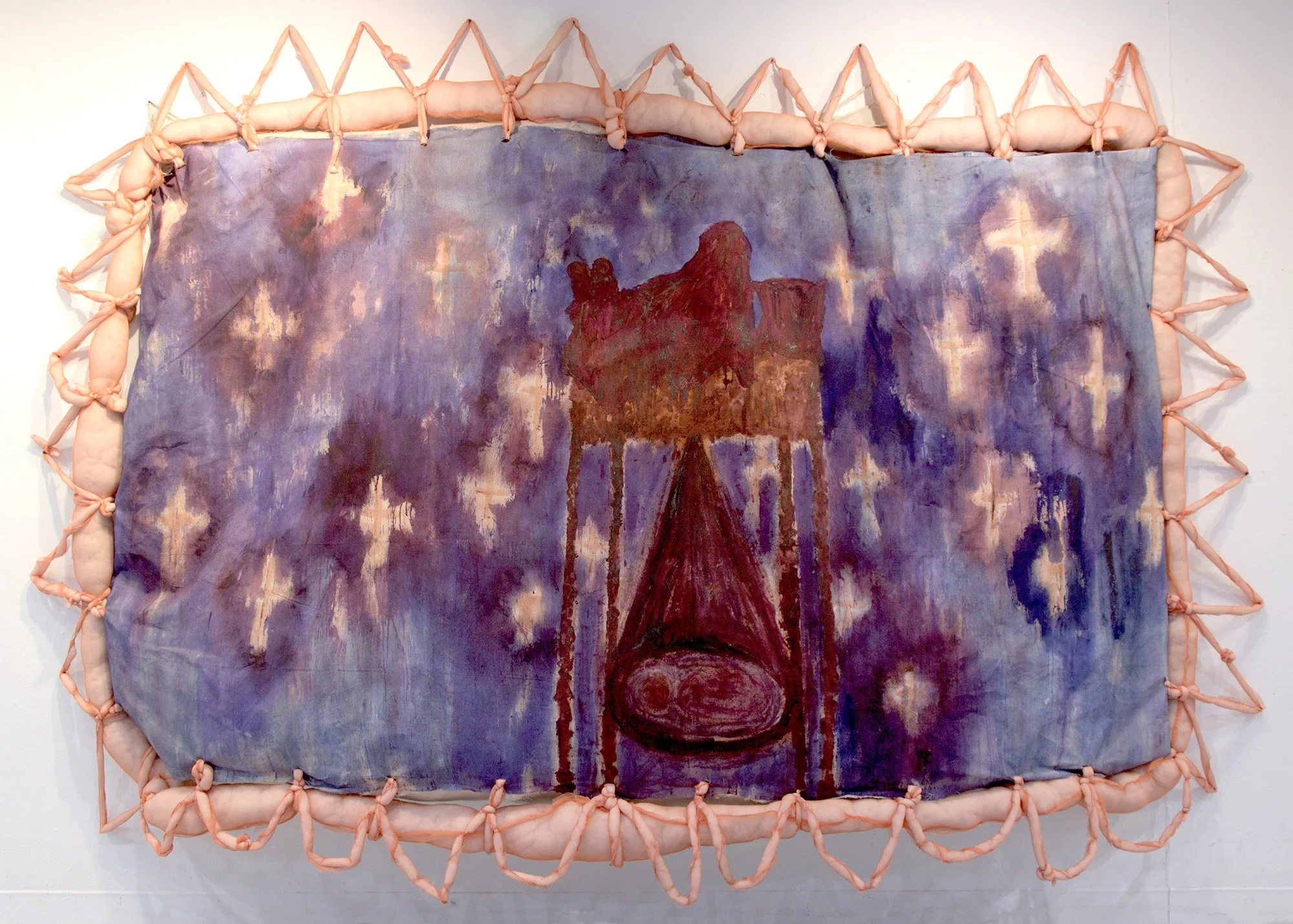 Peace of My Innocence, oil on canvas, fabric, stuffing, thread, nails, 14 x 2 x 9ft, 2025