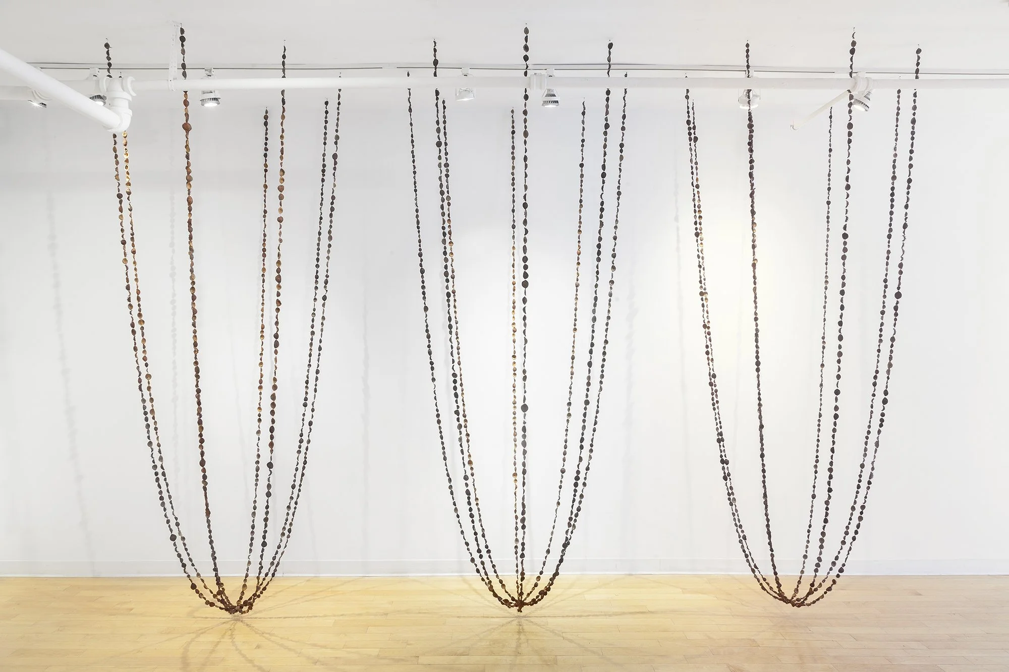 Gathering #14, Horse chestnut husks, waxed linen thread, dimensions variable 9’H x 14’W x 4’D, 2025-2026

