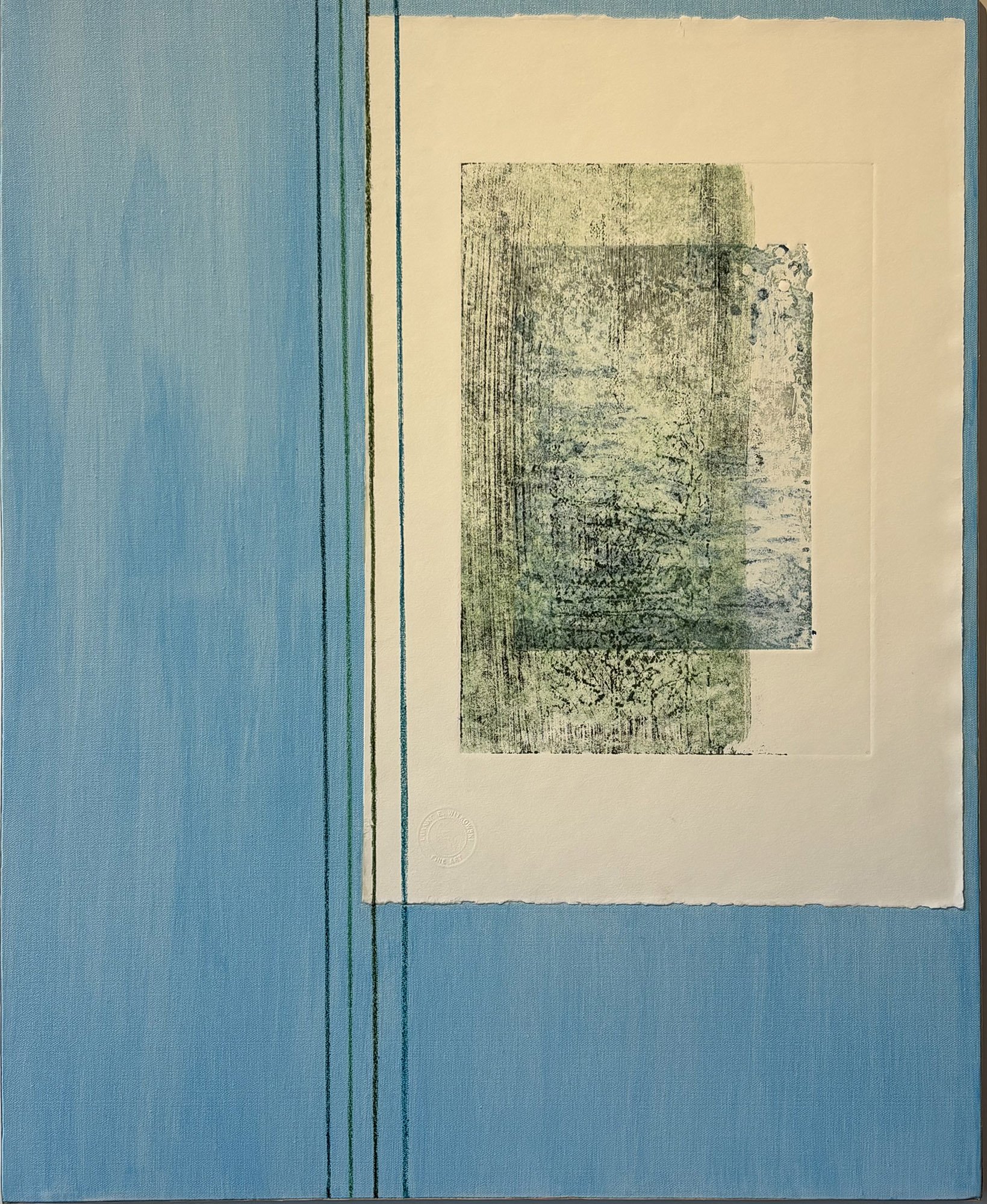 Peace Offering XI, mixed materials:
ink, acrylic medium, pigment, wax, paper, on canvas, 30” x 24”, 2025
