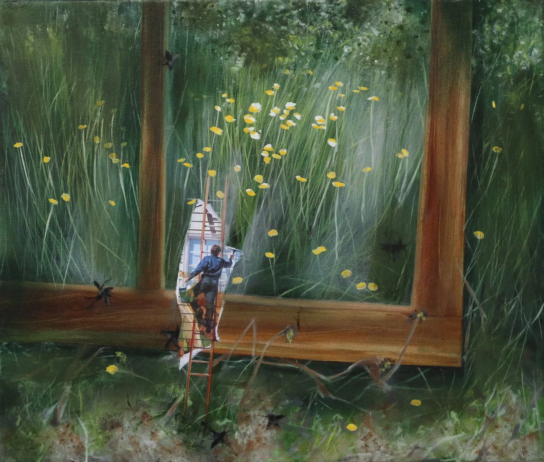 Joan Baldwin, The Window Washer, 2023. Oil on canvas, 22x26 in.