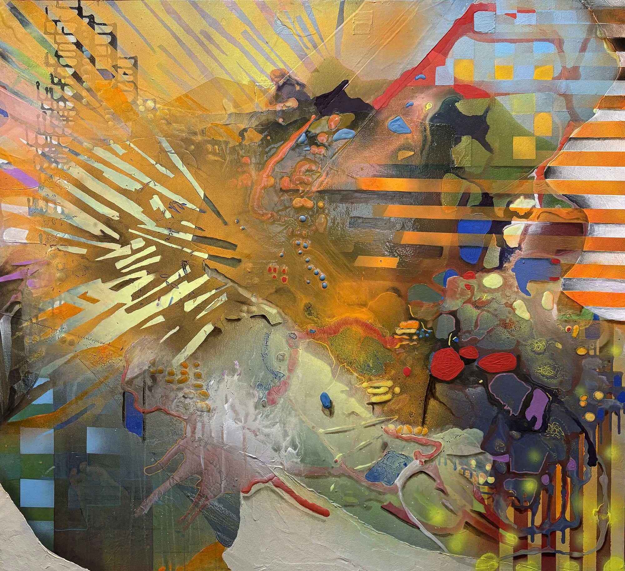 The Space Between the Stars #3, acrylic, marker, crayon, flashe, and spray paint on canvas, 40 x 44 x 1.5 in