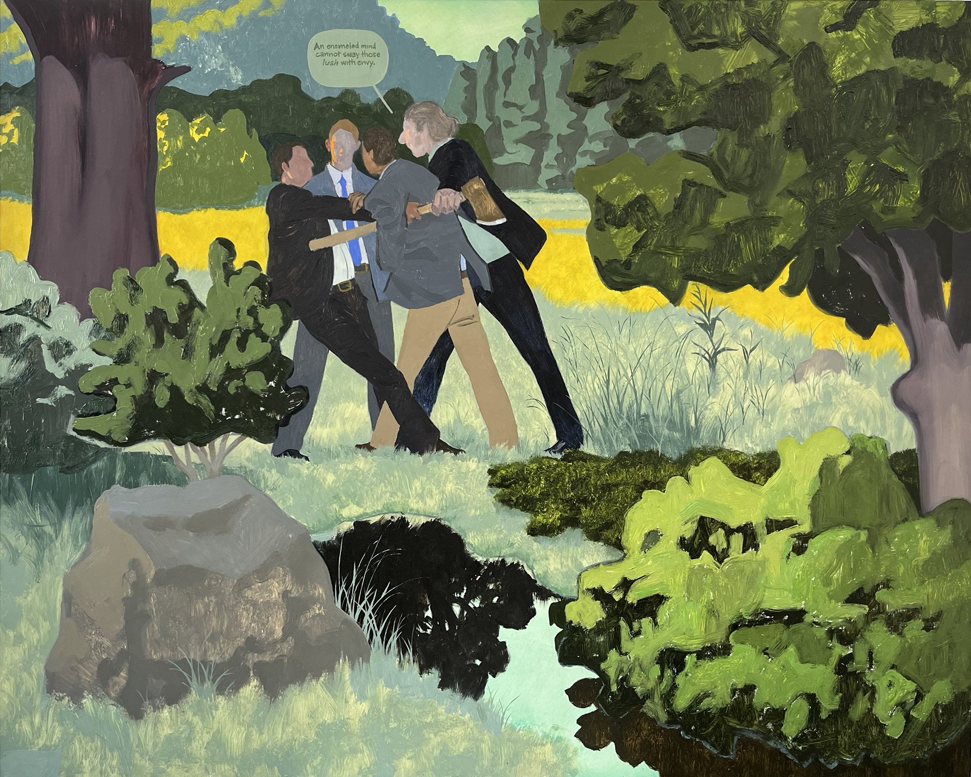 Struggling Businessmen, oil, grease pencil, and paint stick on aluminum panel, 24 x 30 inches, 2026