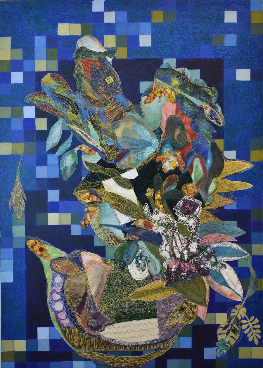 On-Kyeong Seong, "Still Life with Monstera II," 2021. Mixed media and stitching on canvas, 34x38 in.