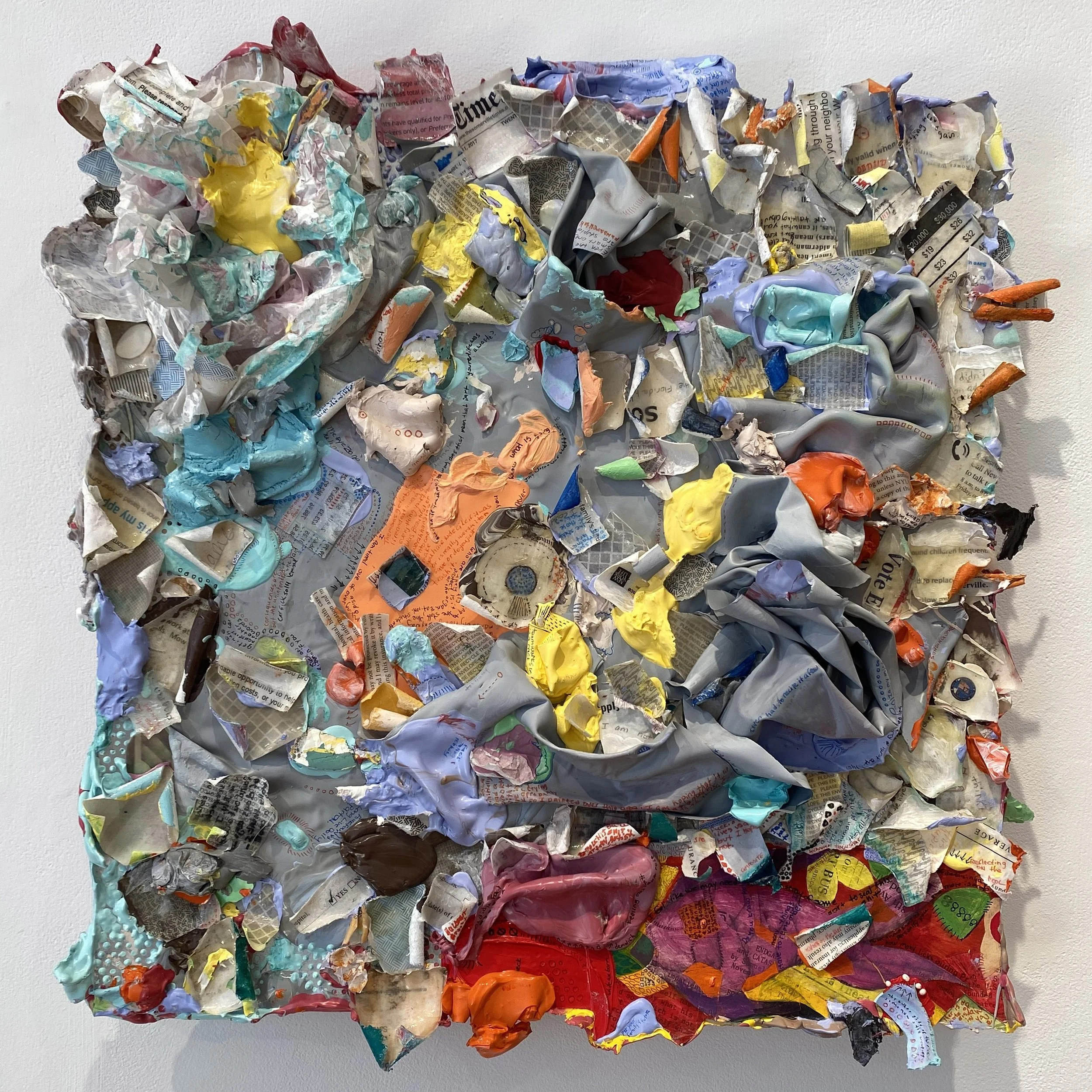 Vote, acrylic, paper, on repurposed perforated aluminum fencing strips, 18×18 inches, 2026