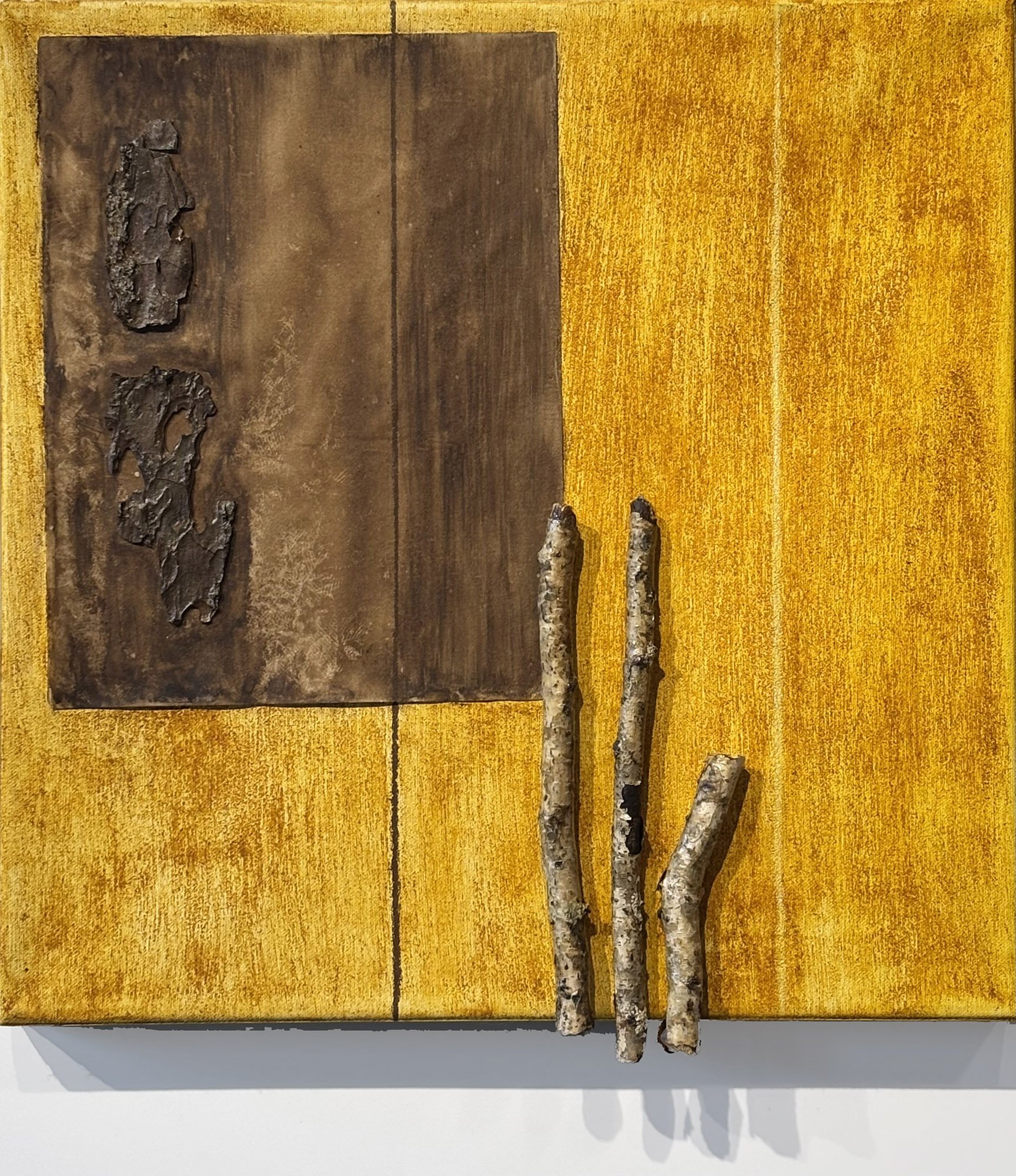 Peace Offering XVI, mixed materials:
ink, acrylic medium, pigment, wax, paper, birch wood, on canvas, approx. 18" x 18", 2025