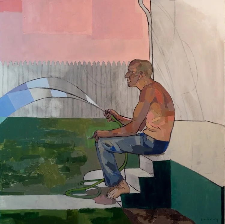 Man on Stoop, oil and grease pencil on aluminum panel, 24 x 24 inches, 2013