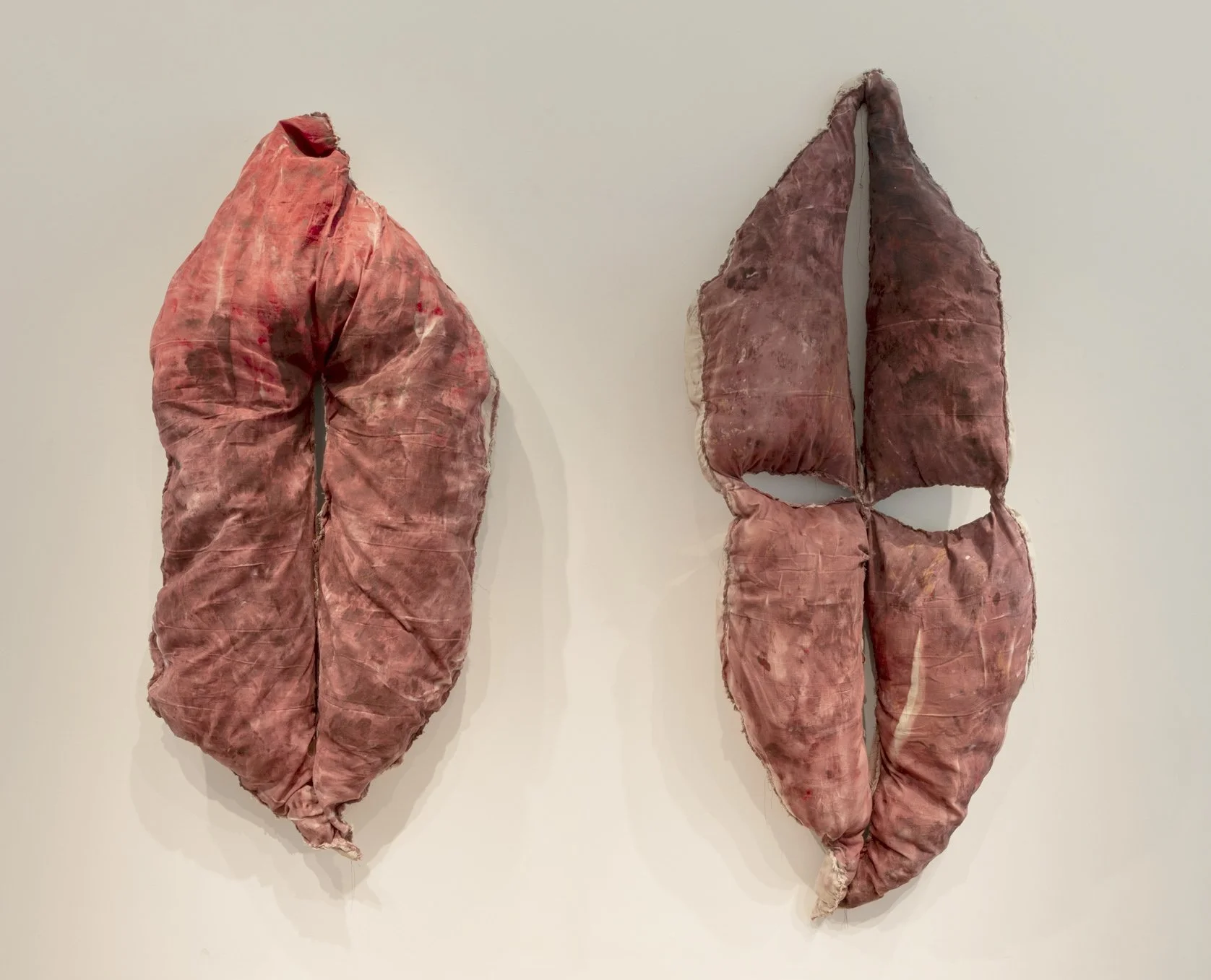 Noelle Ventura, How strange it is you exist (left), Just to kill and dismiss (right), acrylic paint, canvas, thread, screws, fluff, 6 x 1.5 x 4 ft (left), 7 x 1.5 x 4 ft (right), 2026
