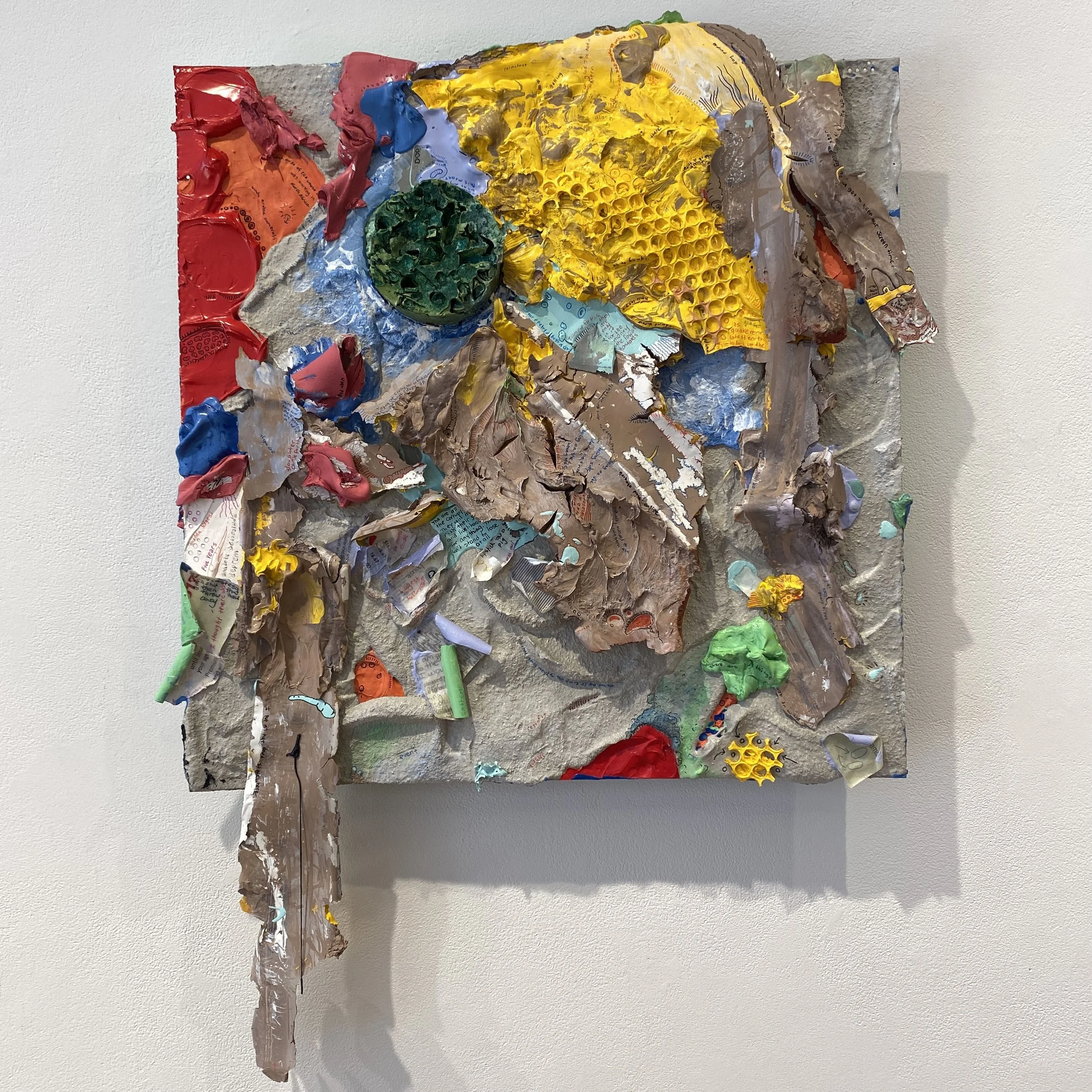 Landslide, acrylic, paper, on repurposed perforated aluminum fencing strips, 24×18 inches, 2026