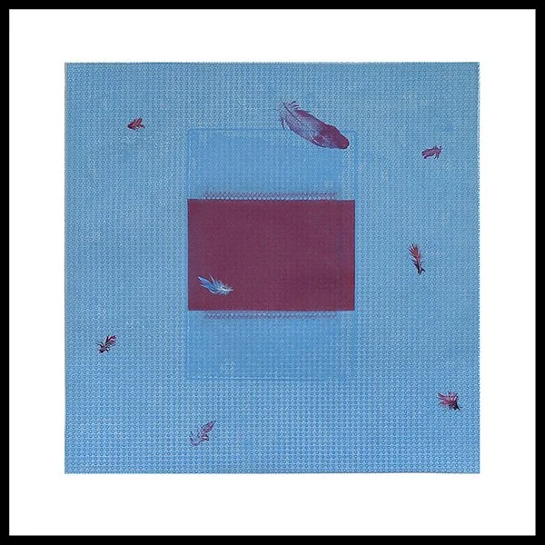 Response 4, Monoprint with feathers on Reeves BFK, 15” x 15”, 2025