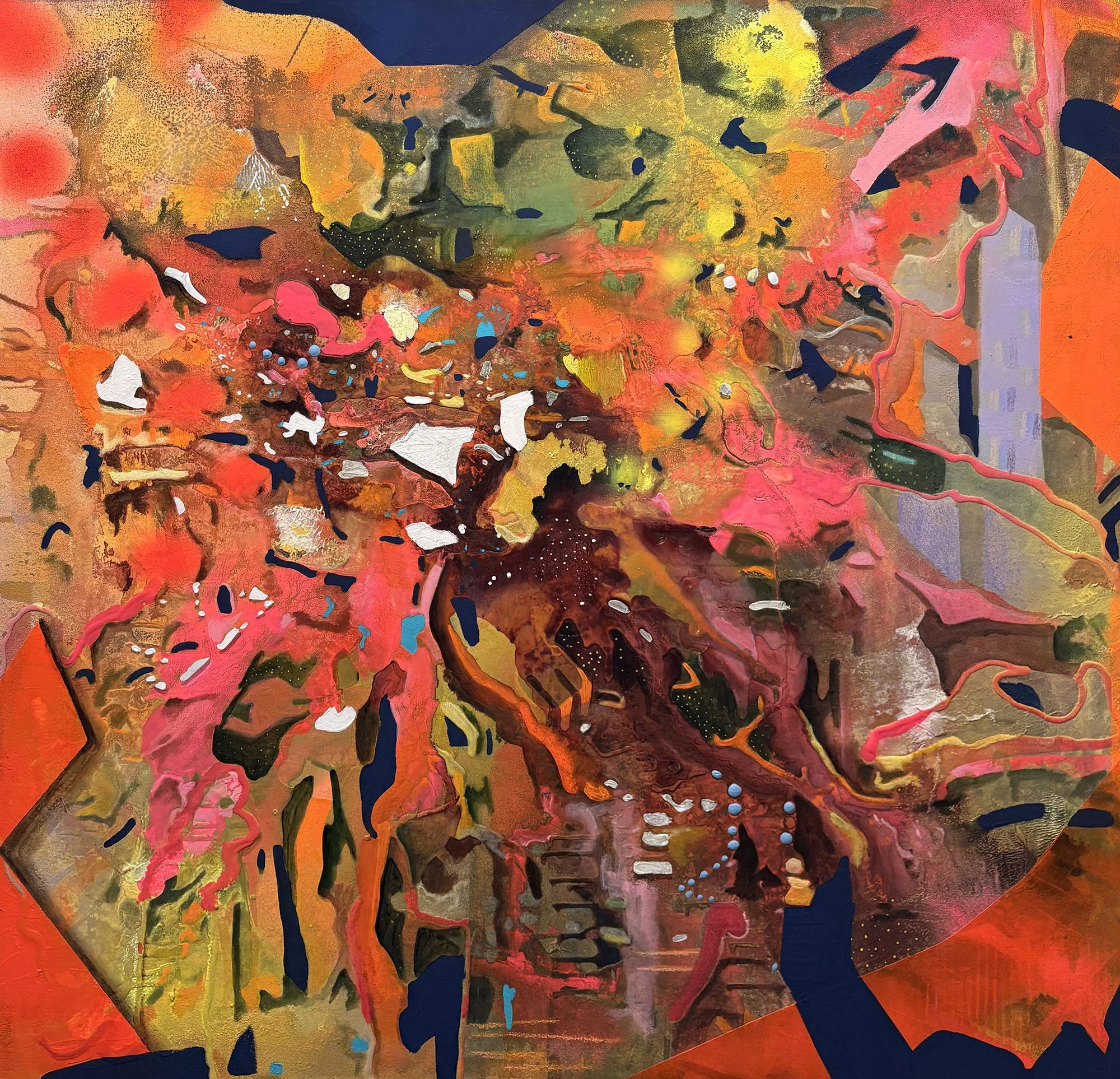 The Space Between the Stars #15, acrylic, crayon, flashe, and sparay paint on canvas, 44 x 46 in, 2026
