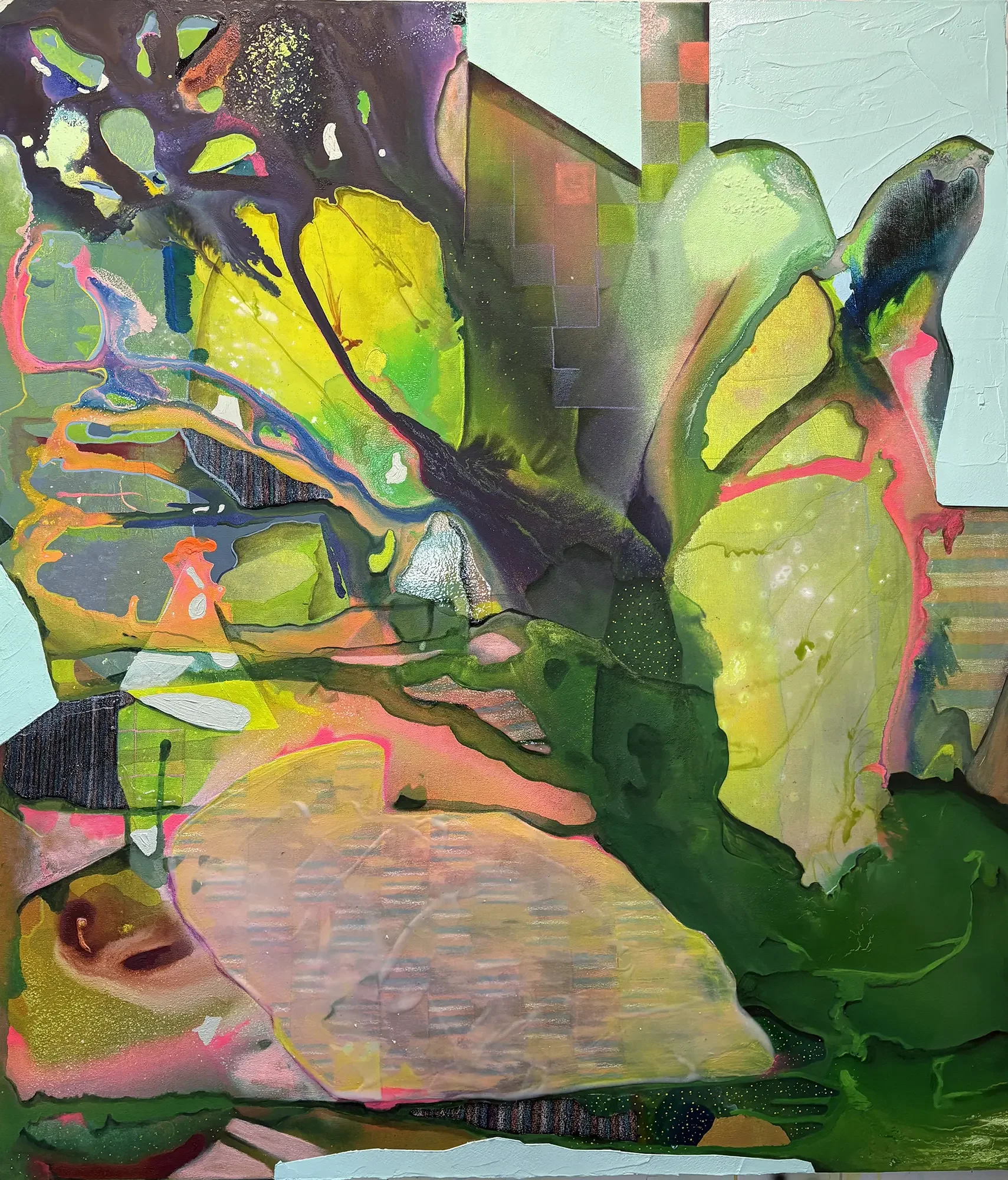 The Space Between the Stars #1, acrylic, markers, crayons, flashe on canvas, 58 x 51.5 x 2 inches