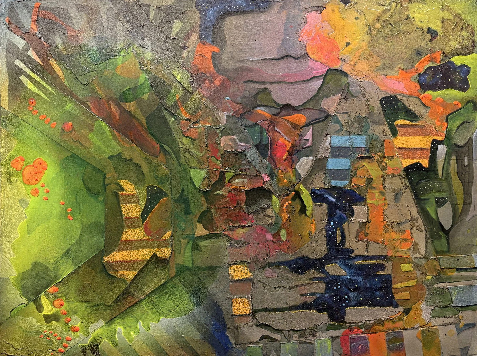 The Space Between the Stars #19, acrylic, crayon, flashe, markers, and spray paint on panel, 30 x 40 in, 2026