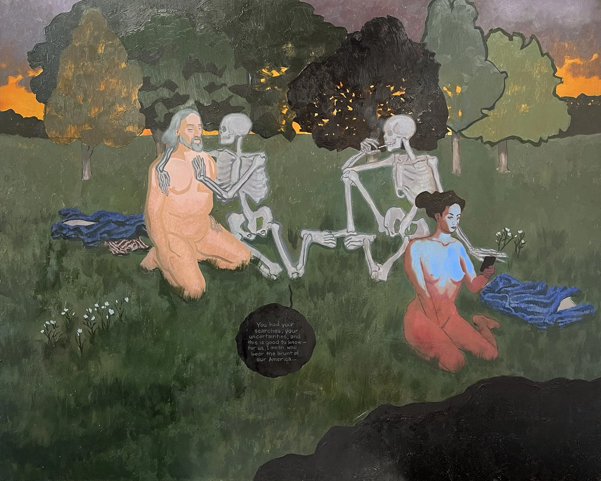 The Night Picnic (Pound), oil and grease pencil on aluminum panel, 24 x 30 inches, 2026