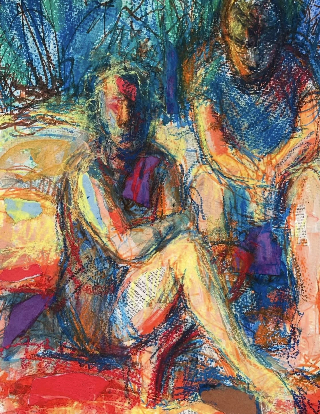Couple, acrylic, paint pens, collage materials and cold wax, 12 x 9 inches, 2024