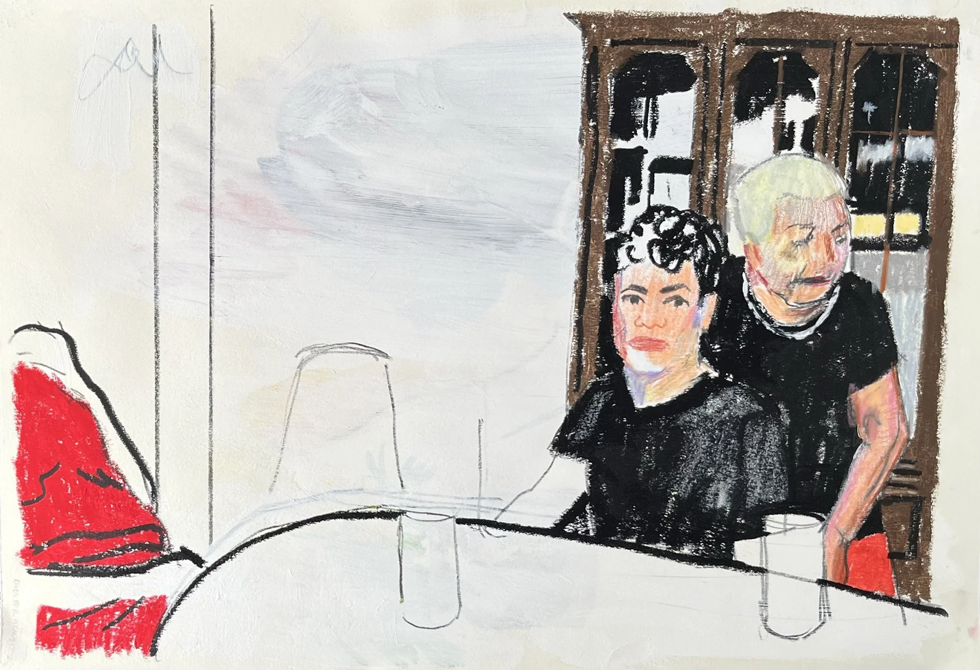 Kurt Ankeny, Jemil y Milagros, 13 x 19 inches, acrylic, ink, colored pencil, and oil pastel on Rives BFK paper, 2024