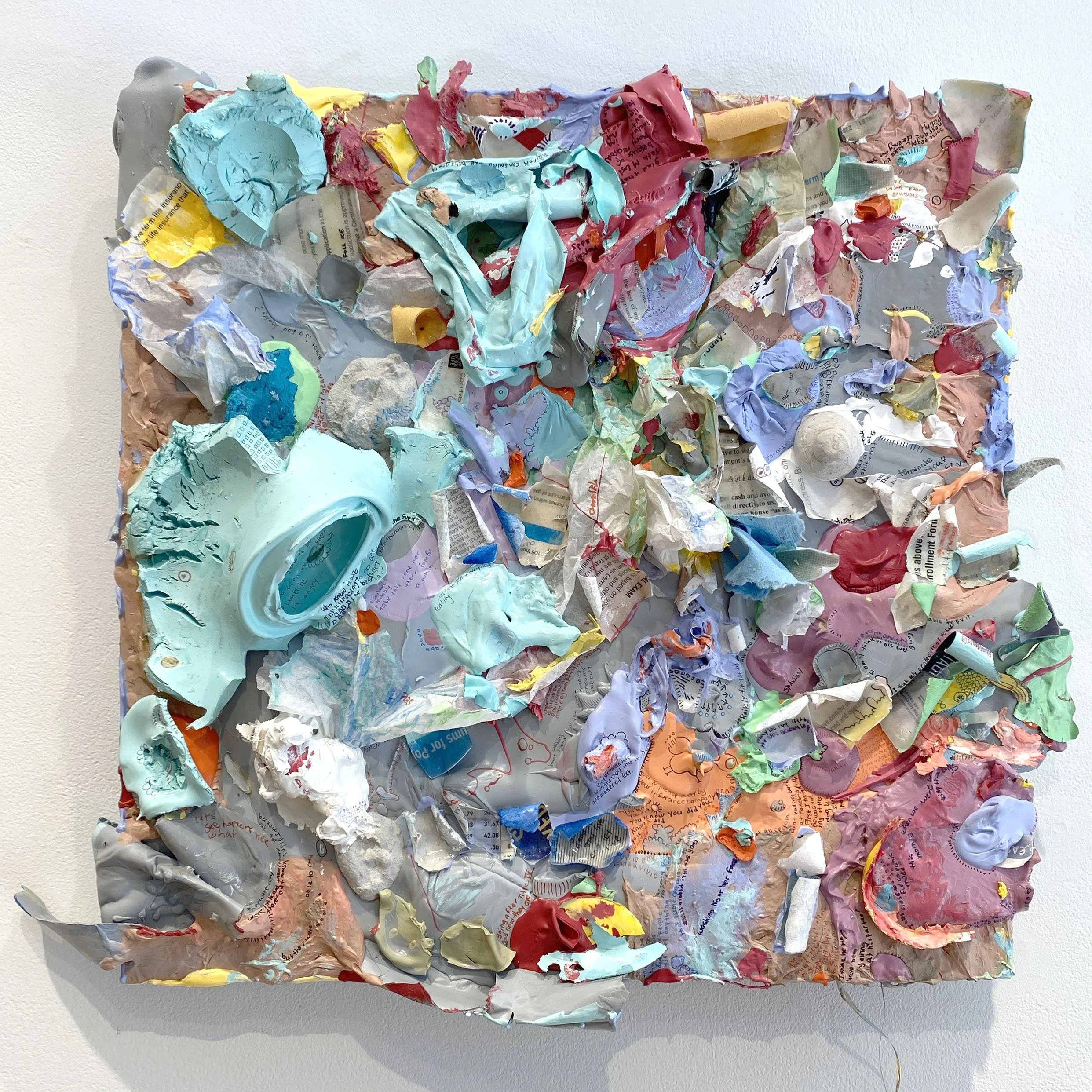 Devolve, acrylic, paper, on repurposed perforated aluminum fencing strips, 18×18 inches, 2026