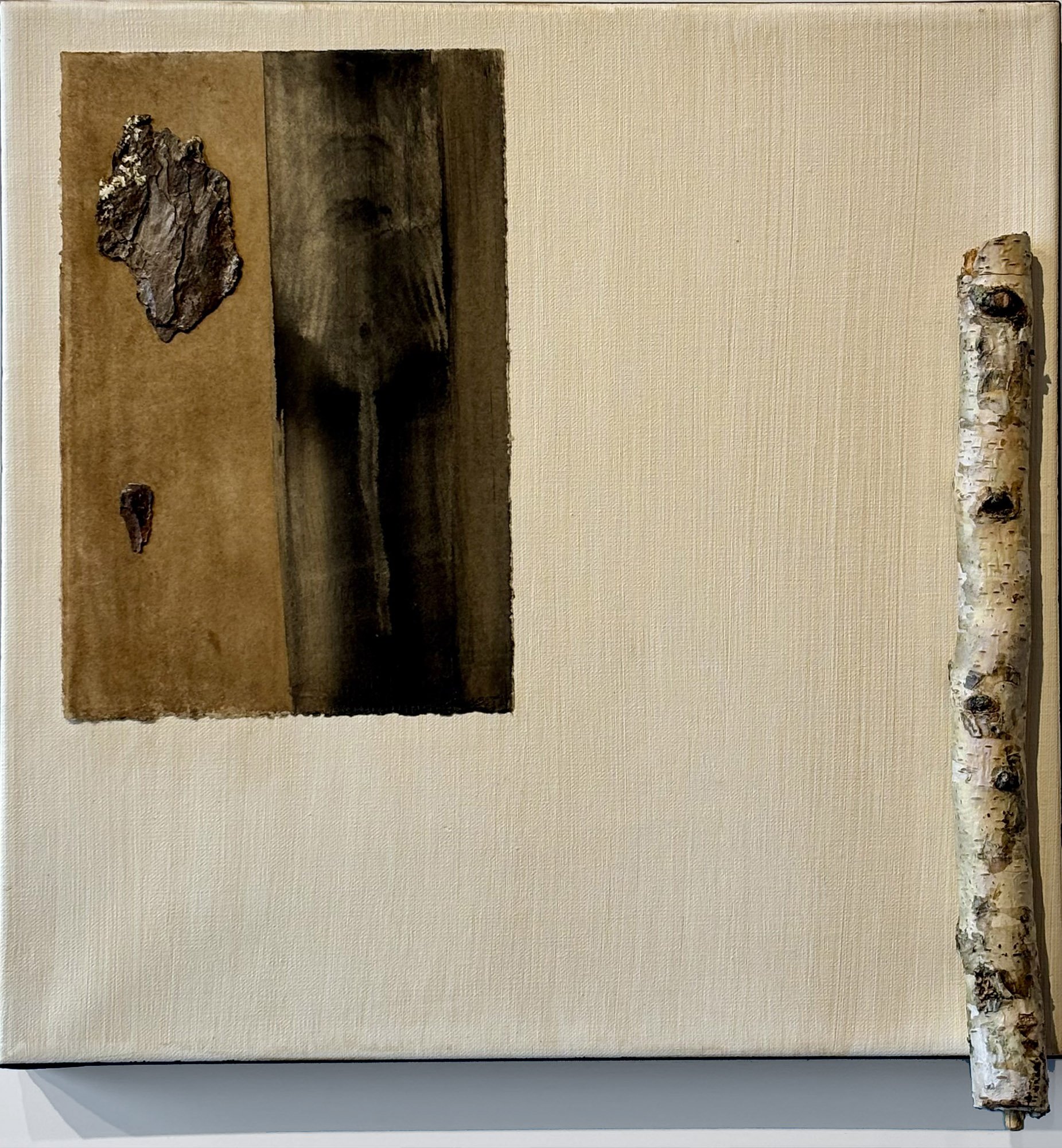 Peace Offering XXVI, mixed materials:
walnut and acorn inks, acrylic medium, ink, graphite, charcoal, paper, birch wood, on canvas, 19” x 18”, 2025