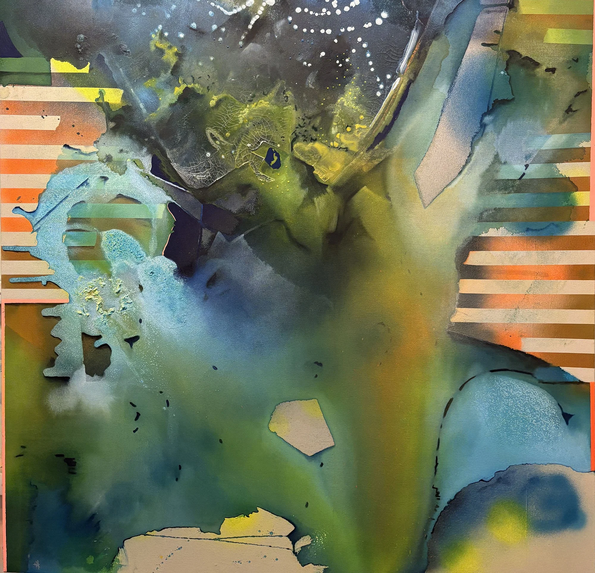 Equanimity #16, acrylic, crayon, flashe, and sparay paint on canvas, 60 x 60 in, 2026