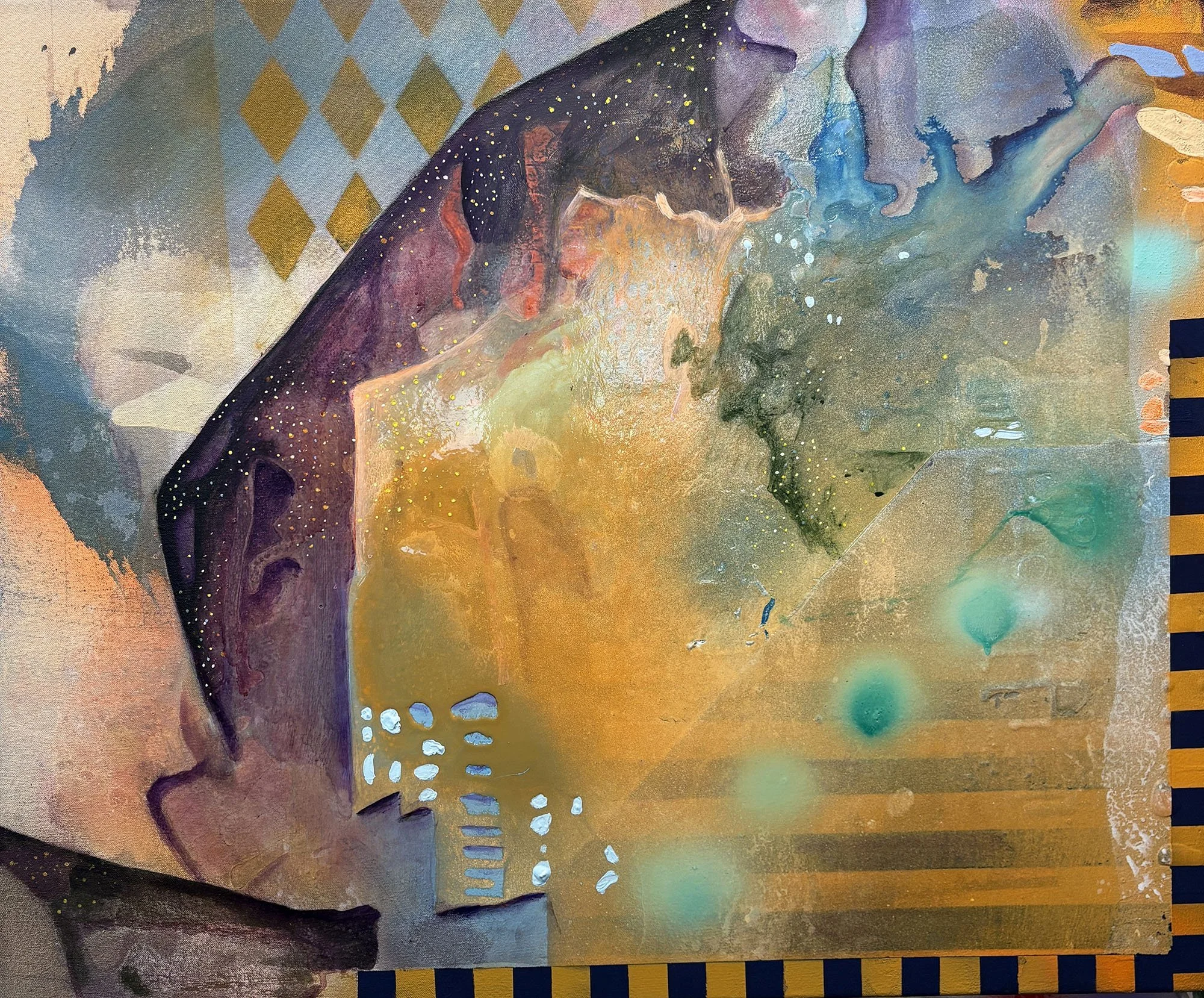 The Space Between the Stars #8, acrylic, crayon, flashe, and spray paint on canvas, 25 x 30 x 1.5 in, 2025