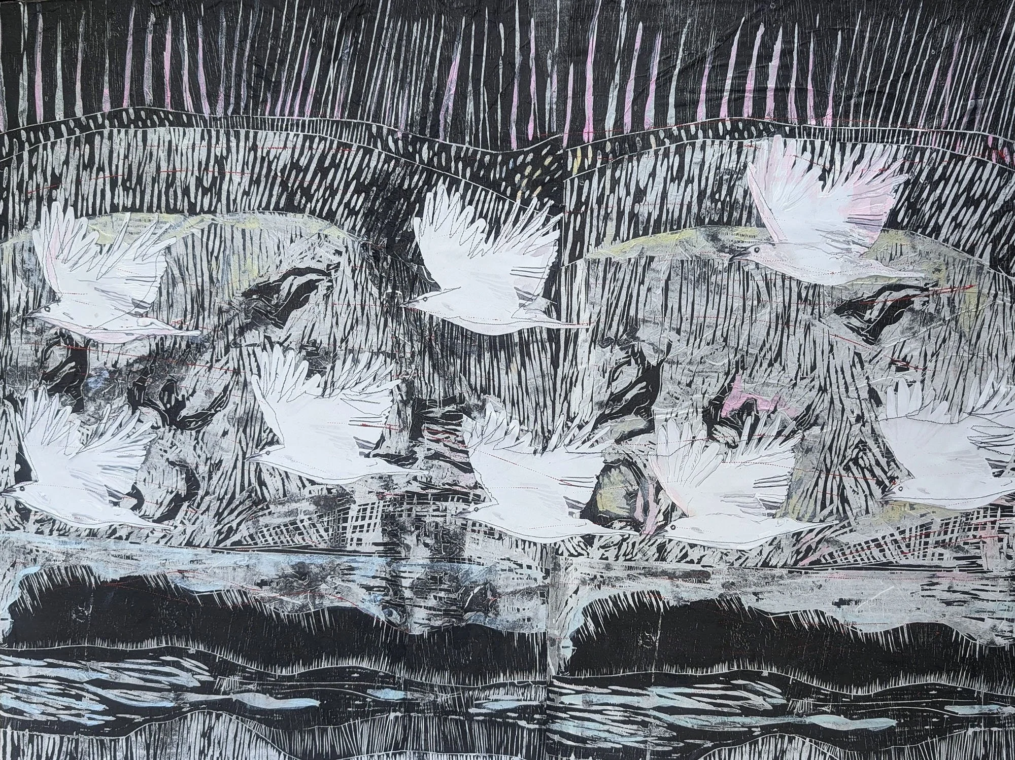 Sally Dion, Eight Souls that tell a Story by the Stars, woodcut and collage, 38 x 42 inches, 2026