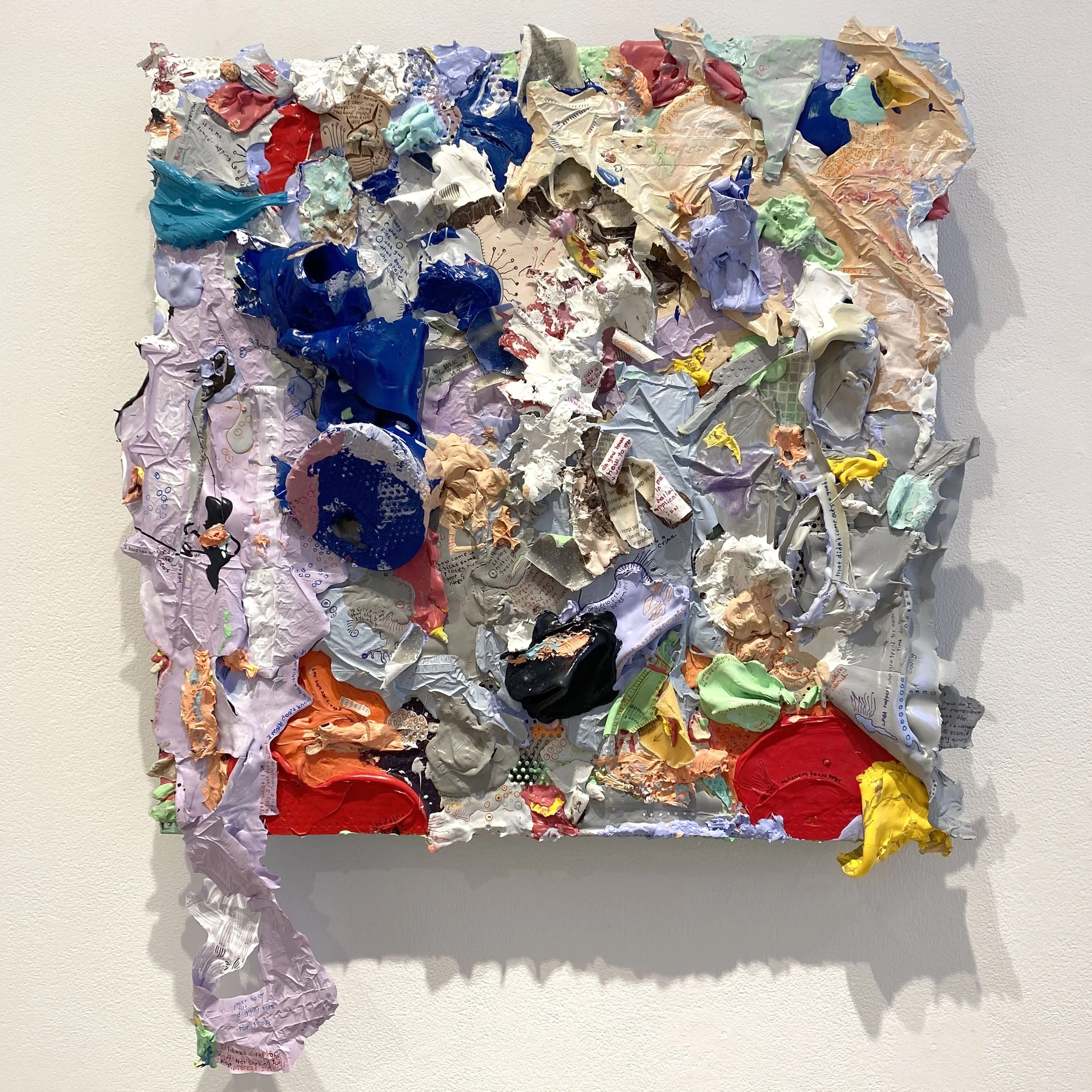 Not from the Reflecting Pool, acrylic, paper, on repurposed perforated aluminum fencing strips, 23×18 inches, 2026