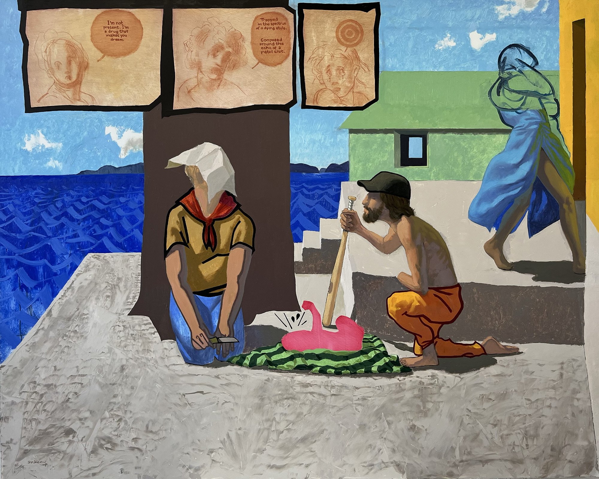 MOTI (Young, Durrell), oil, grease pencil, and sanguine on aluminum panel, 24 x 30 inches, 2026