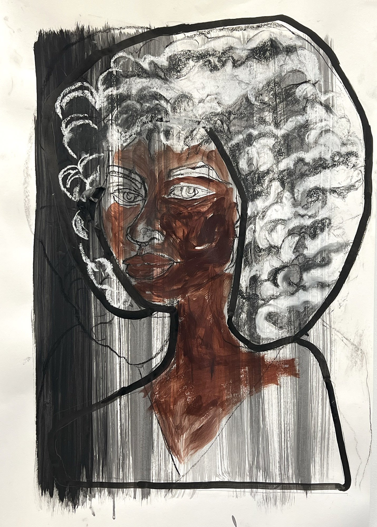 Girl with Golden Eyes, acrylic, charcoal, 30x40 inches, 2026