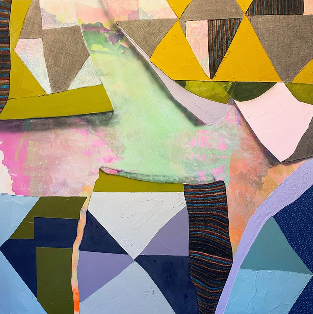 Ineffable Patterns #11, acrylic, fabric, crayon, gesso, and flashe on canvas, 58 x 58 x 2 in