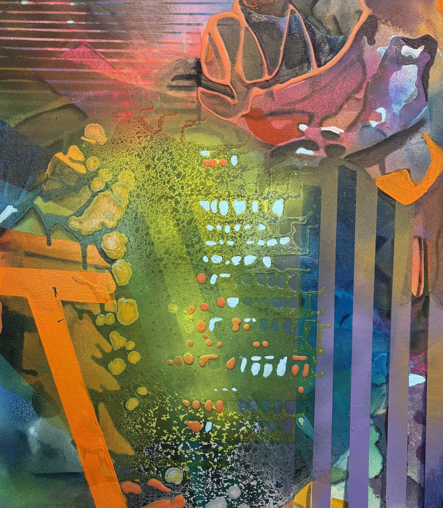 The Space Between the Stars #9, acrylic, crayon, flashe, and spray paint on canvas, 27 x 24 x 1.5 in