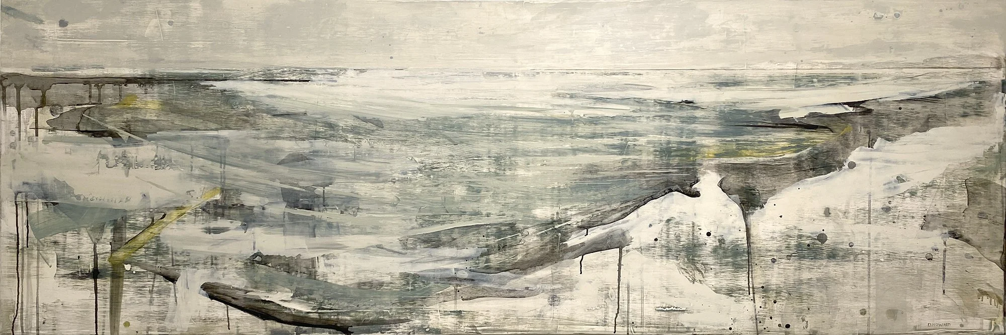 Drifting Away, oil, india ink, on baltic birch panel, 20x60 inches