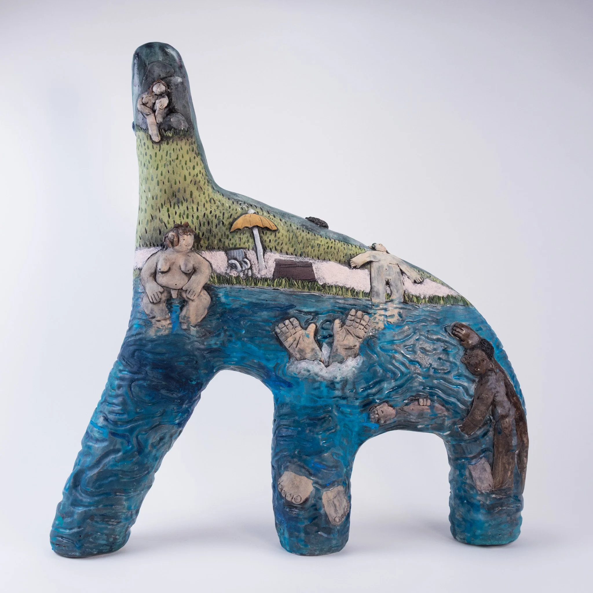 you let the pond swallow you whole, 26" x 19" x 2.5", Stoneware, underglaze, glaze,
gouache, 2026