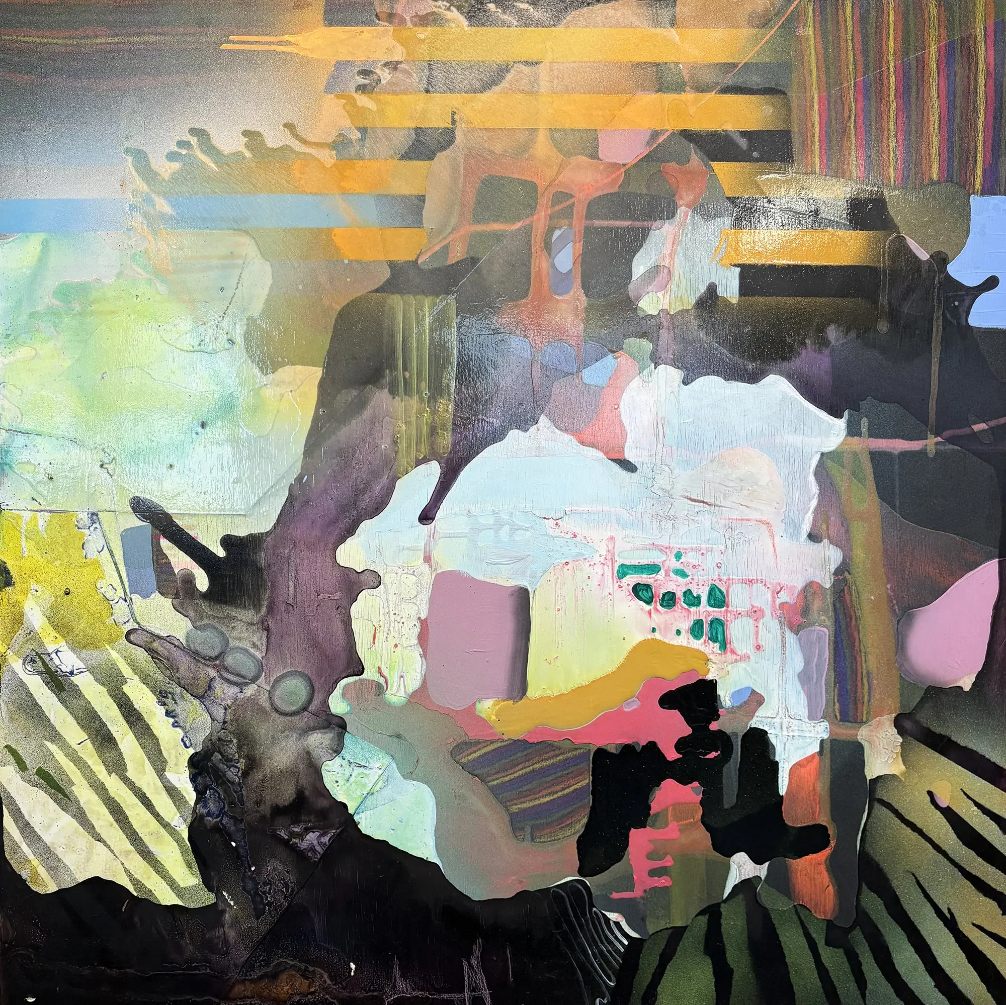 The Space Between the Stars #6, acrylic, marker, crayon, Flashe, and spray paint on wood panel, 30 x 30 x 1.5 inches