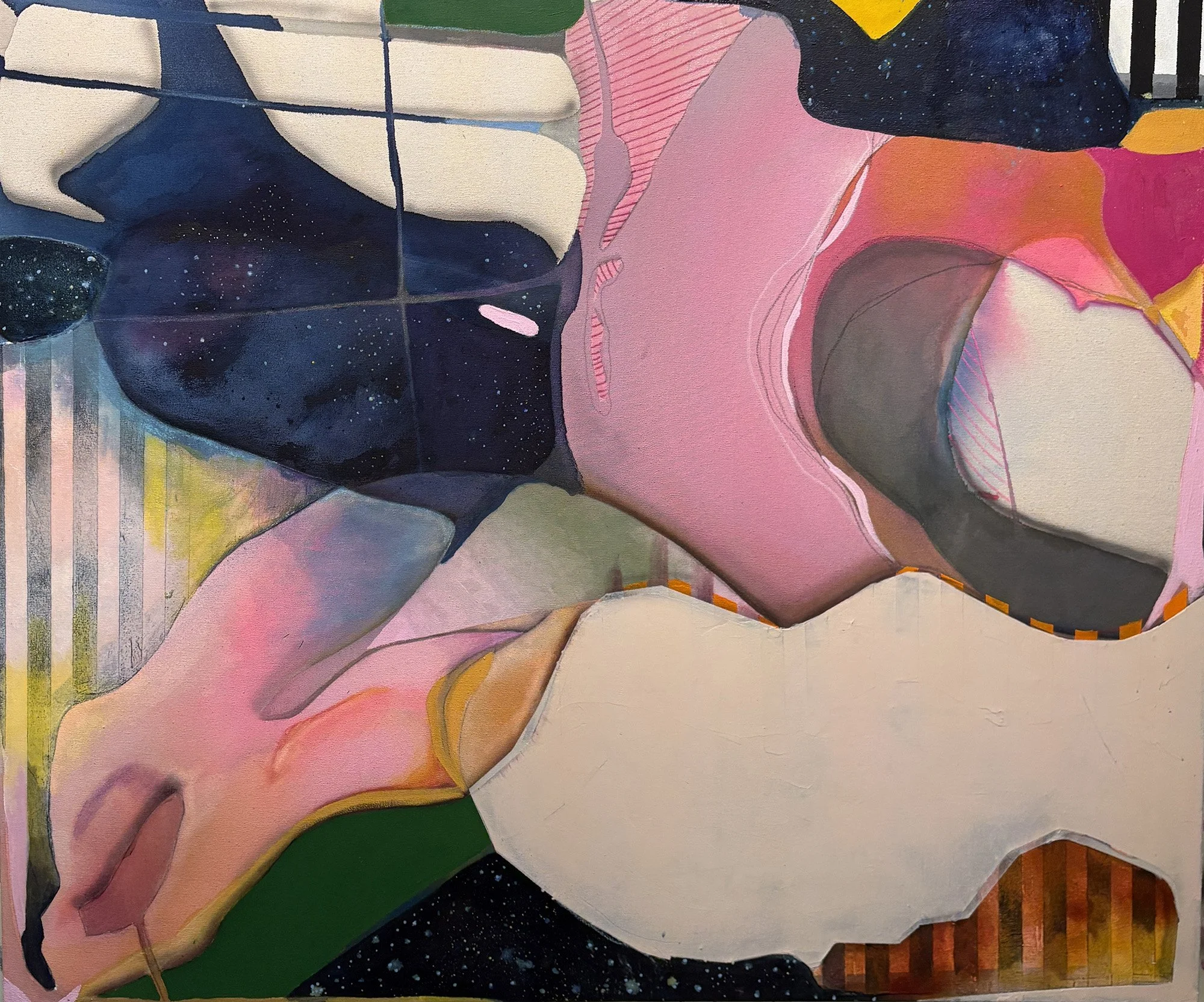 Steven Cabral, Equanimity #6, 44x52 inches, acrylic, crayon, flashe, and markers on canvas, 2025