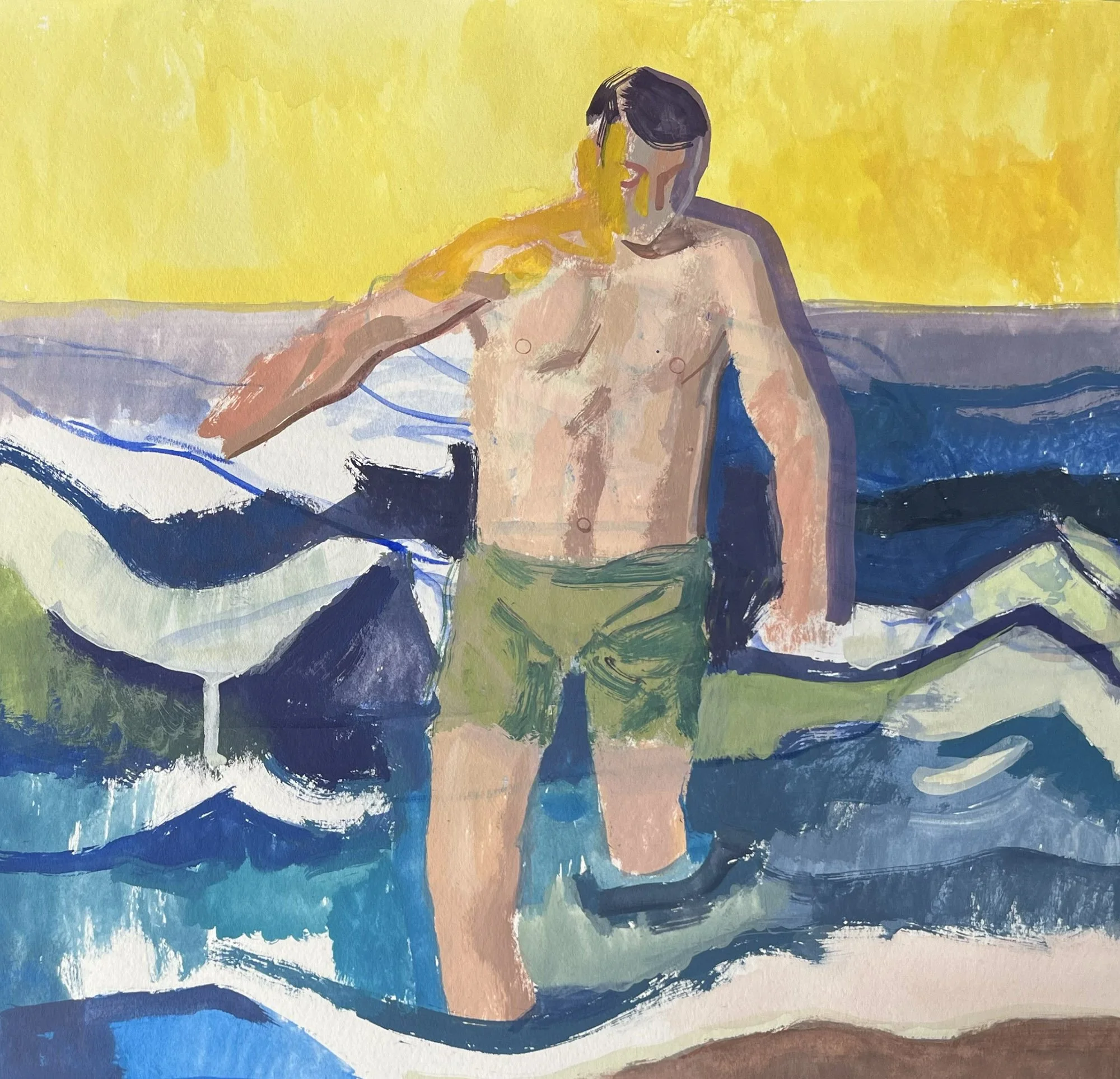 Kurt Ankeny, Man in Waves, 18 x 18 inches, gouache on watercolor paper, 2023.  $1,200. framed