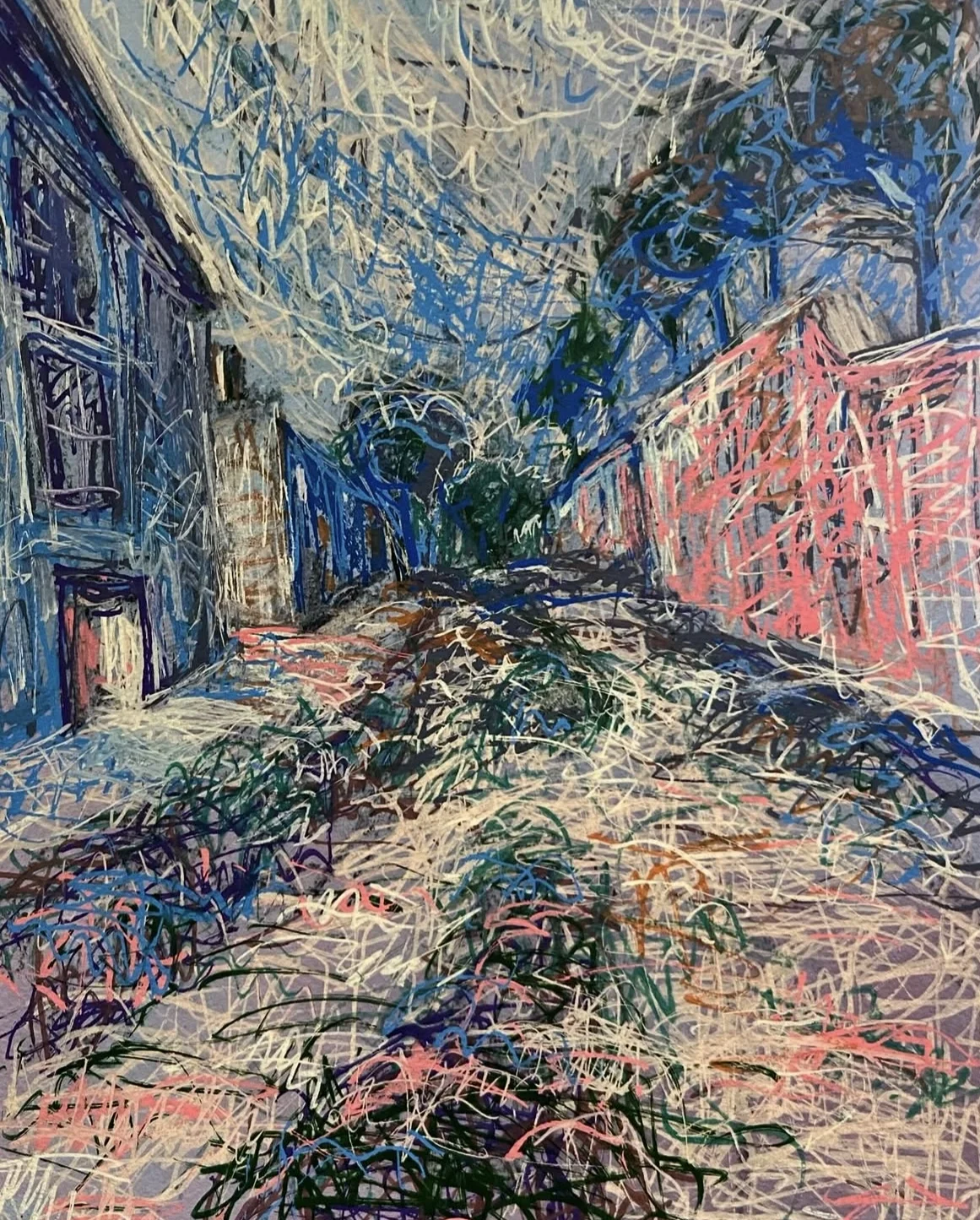 Night Walk 4, acrylic, paint pens, collage materials and cold wax, 10 x 8 inches, 2024