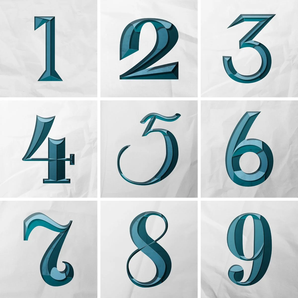 3x3 Grid of paper cut numbers 1, 2, 3, 4, 5, 6, 7, 8, 9,