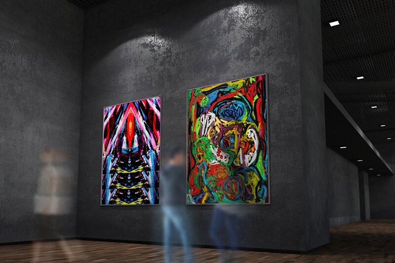 Two paintings hanging on a dark-colored art gallery wall with people passing by. The artwork featured is "Warframe", "On Back of Holy."